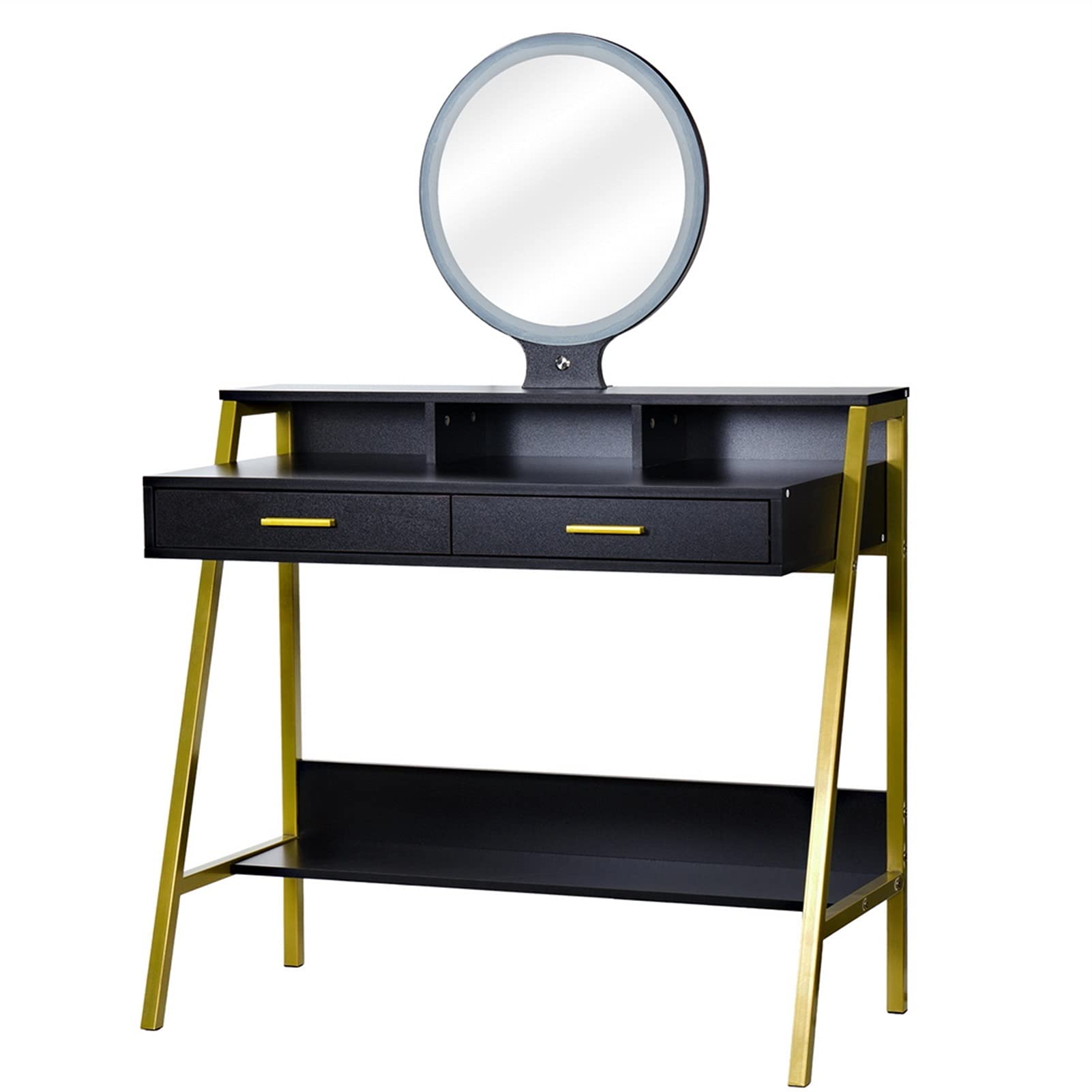 Golden LED Vanity Desk with Mirror & Drawers for Makeup - Black
