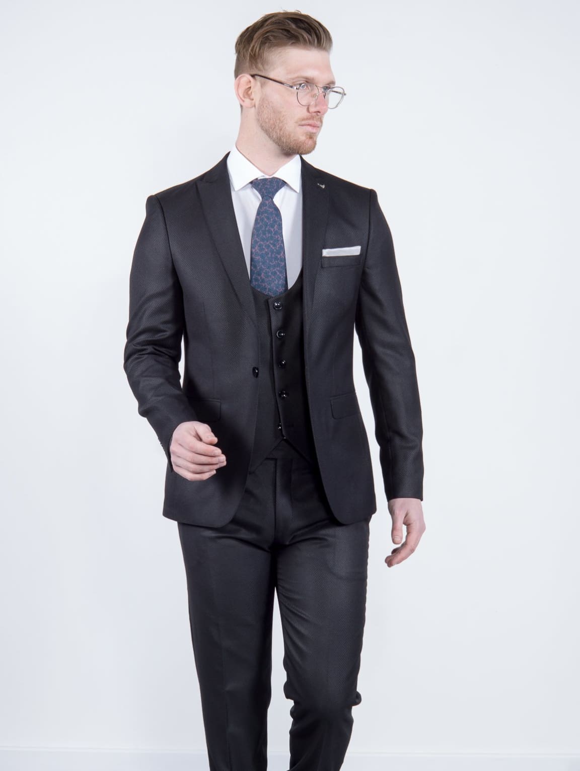 Bond Men's 3 Piece Slim Fit Black Textured Suit - Premium Wedding, Business & Formal Occasion Outfit