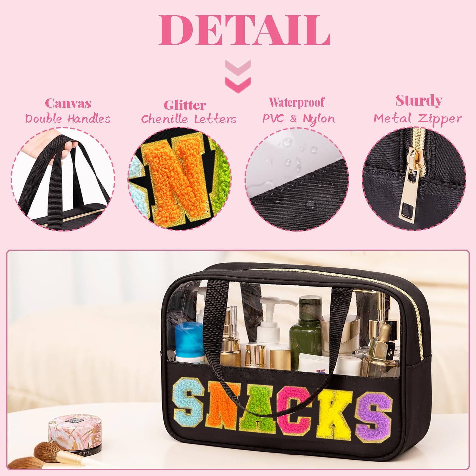 Waterproof Nylon Chenille Letter Snack Bag with Handle & Zipper - Clear Portable Travel Pouch for Women, Perfect for School Lunches, Gym Snacks, Makeup Storage & Beach Essentials