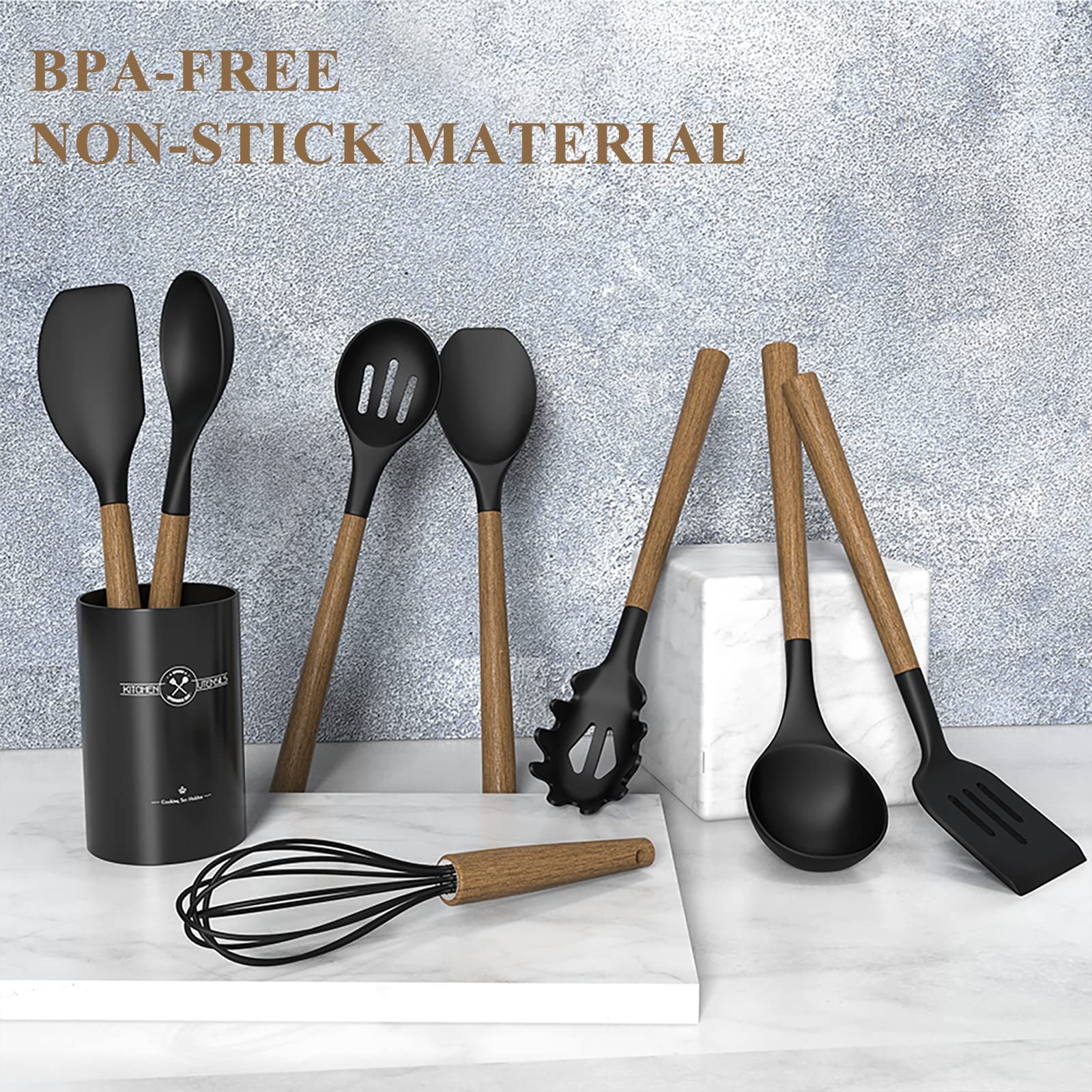 Premium 9-Piece Silicone Kitchen Utensil Set with Wooden Handle - Heat Resistant up to 446°F - Nonstick Cookware Safe Spatula Set with Storage Holder (Black) - Perfect for Baking, Cooking, and Serving