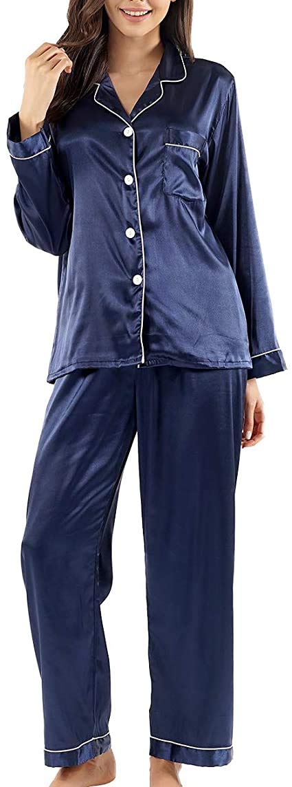 Women's Soft Long Sleeve Pajama Set - Cozy Sleepwear & Lounge Wear - Medium Blue - Perfect for Relaxing at Home, Sleepovers, and Gift Giving