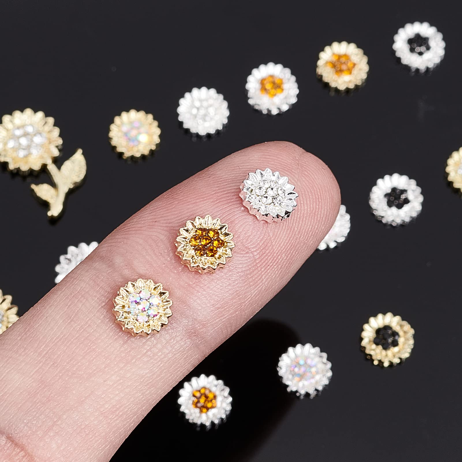 NICENEEDED 20Pcs Alloy Sunflower Nail Charms - 3D Gold & Silver Flower Nail Studs with Rhinestones, 10 Styles Metal Nail Art Decorations for Women & Girls DIY Manicure - Perfect for Nail Salon, Home Nail Design & Party Nail Art