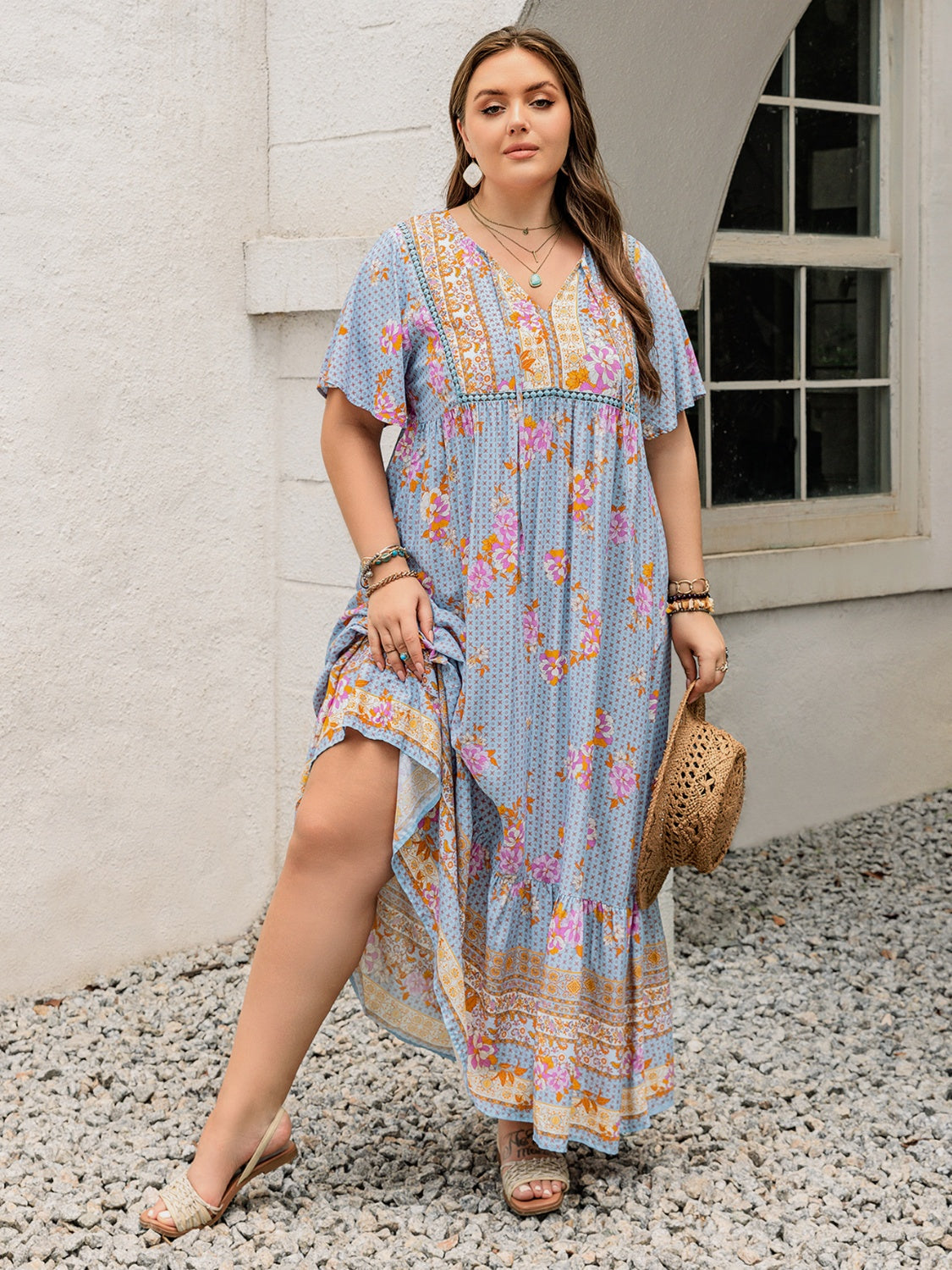 Plus Size Floral Sleeve Beach Maxi Dress - Women's Summer Boho Long Dress for Vacation, Pool Party & Tropical Getaway