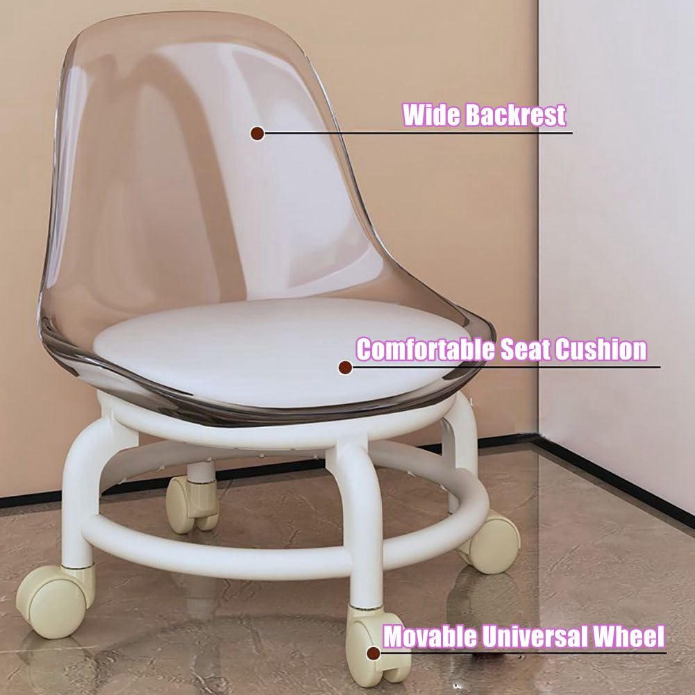 360° Swivel Rolling Stool with Backrest - Low Height Adjustable Office Chair with Universal Caster Wheels - Ergonomic Home & Office Stool for Adults & Kids (Brown) - Perfect for Workstations, Gaming & Study Areas