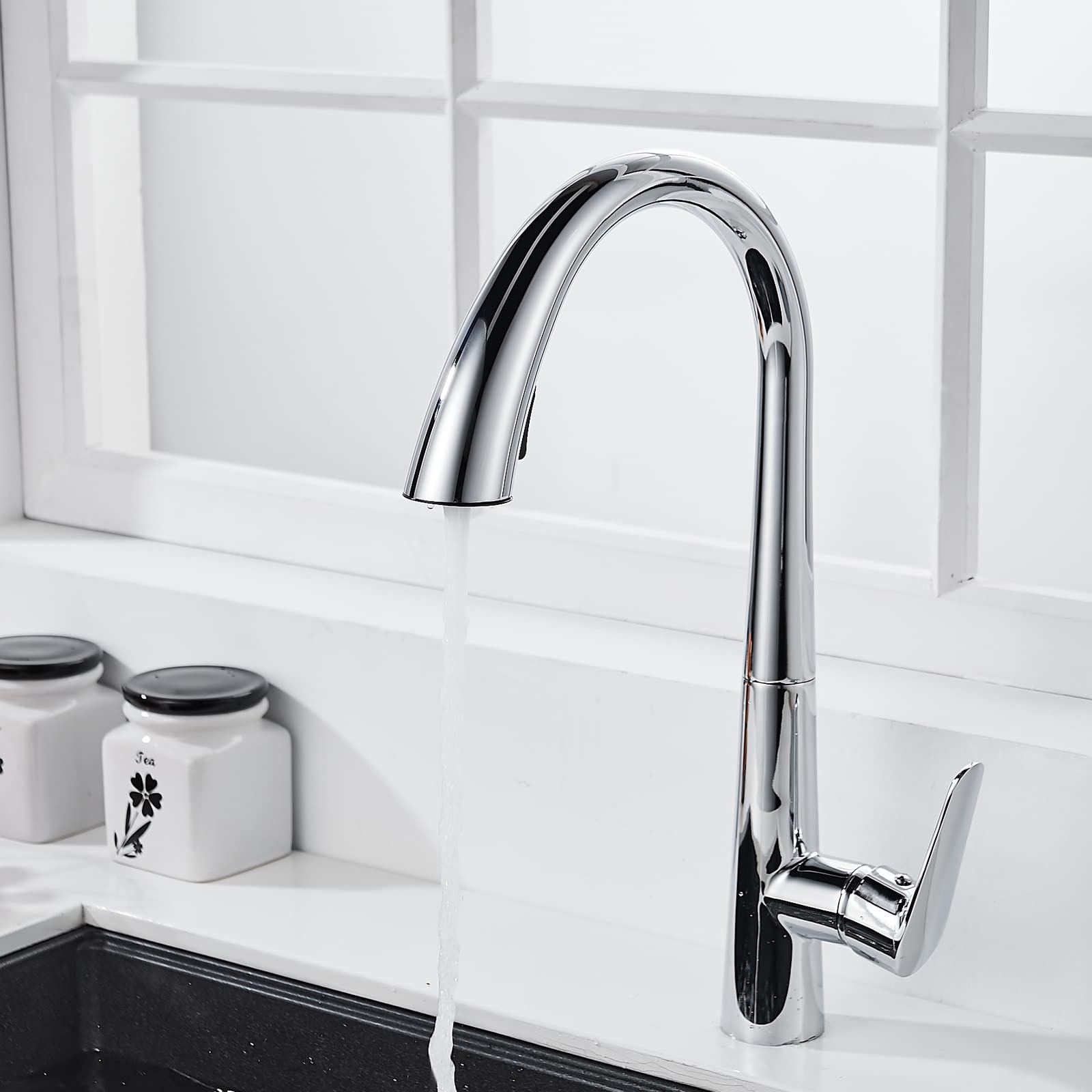 High Arc Pull Down Kitchen Faucet with Sprayer - Dual Function Brass Commercial Sink Faucet - Chrome Single Handle Single Hole Design - Perfect for Modern Kitchens & Restaurant Use