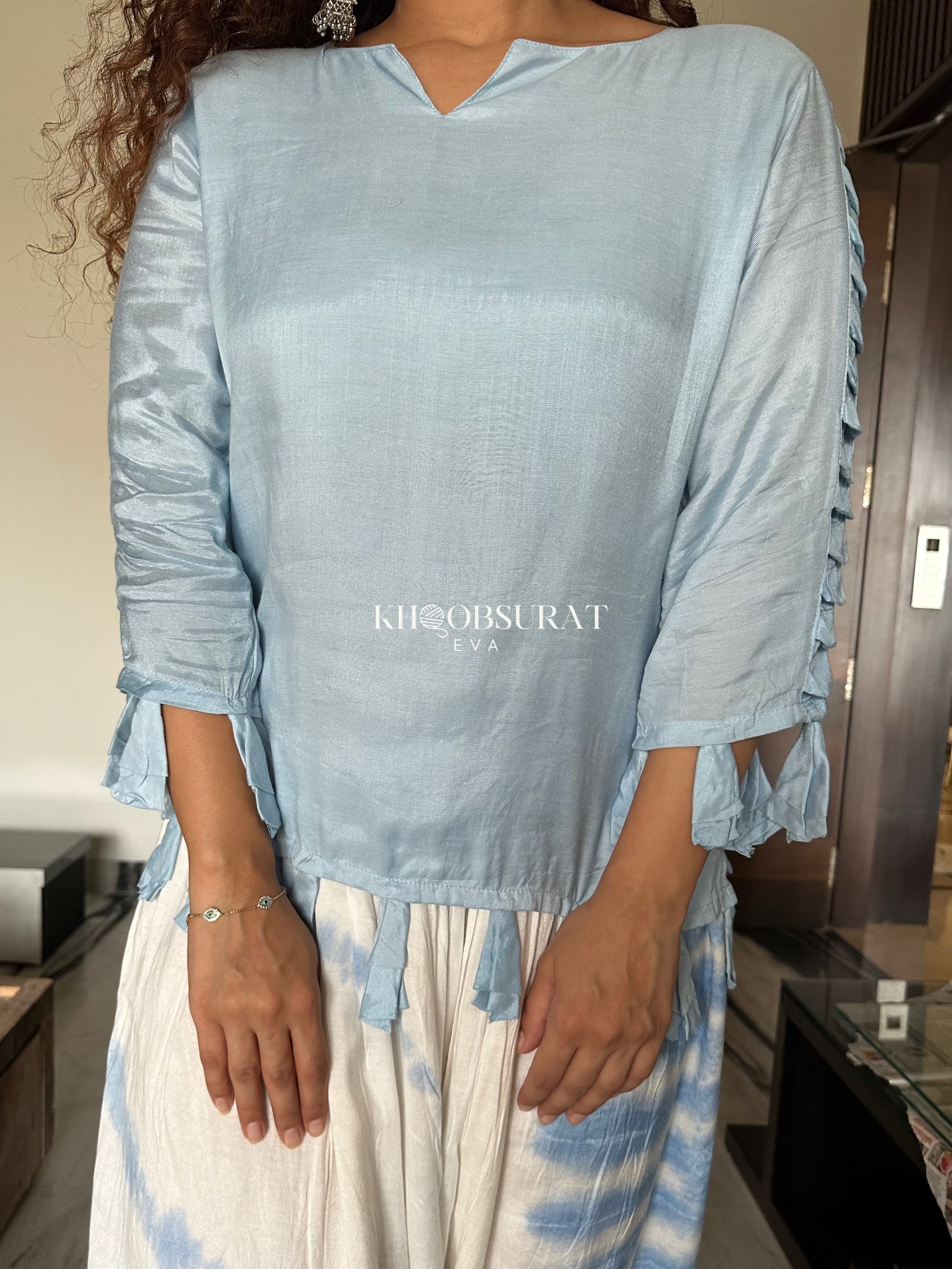 Stylish Blue Top with Tulip Pants Set - Women's Fashion Outfit for Casual Wear, Office & Spring Outings