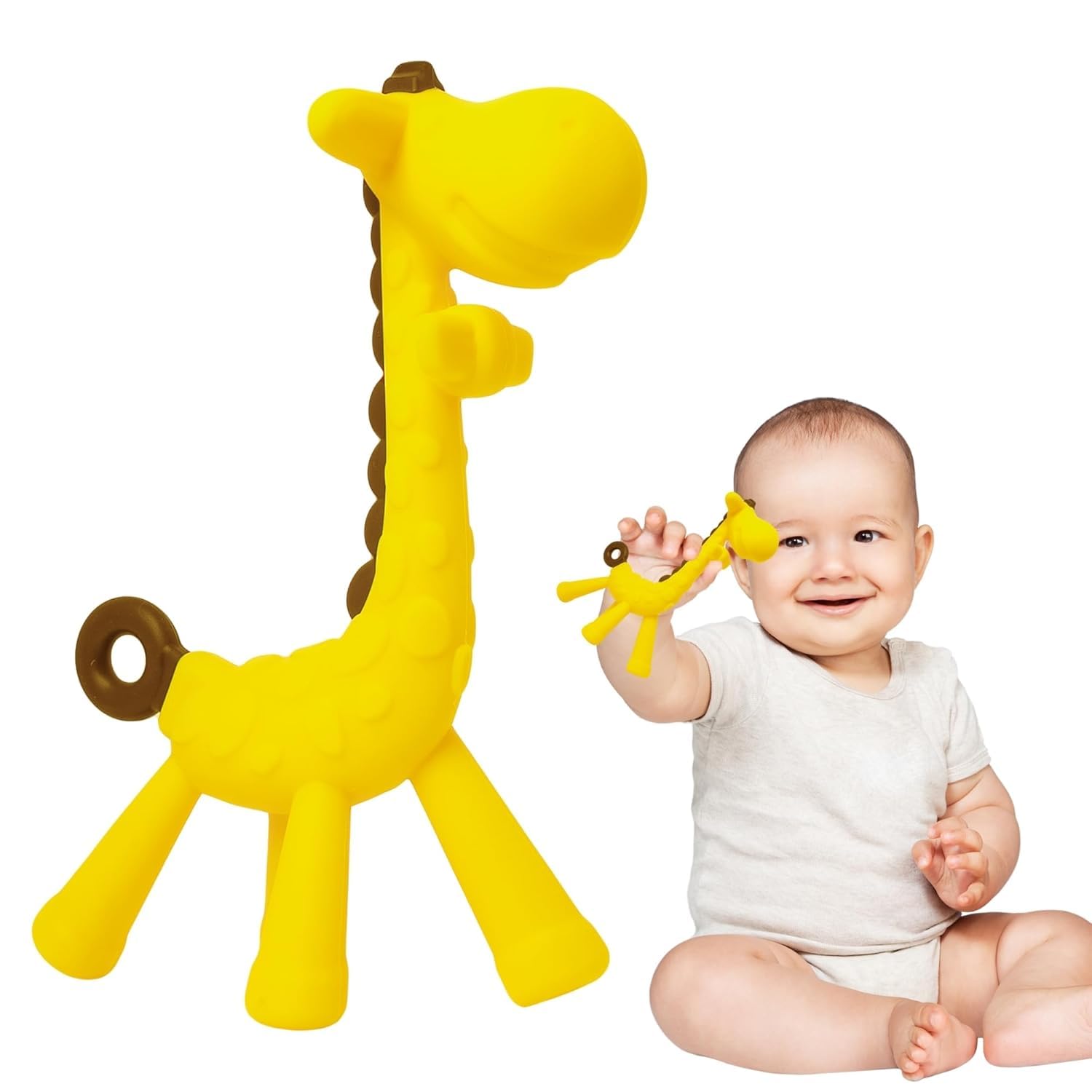 Kritiu Giraffe Shape Teether and U Shape Toothbrush Set - BPA Free Silicone Baby Teething Toys & Infant Toothbrush - Safe for 0-12 Months Babies (Yellow & Blue) - Perfect for Soothing Sore Gums & Early Oral Care