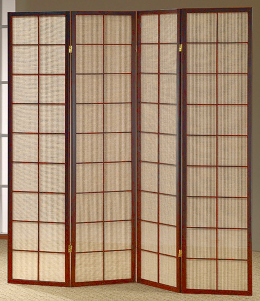 4-Panel Cherry Wood Room Divider with Brown Jute Inlay - 70.5