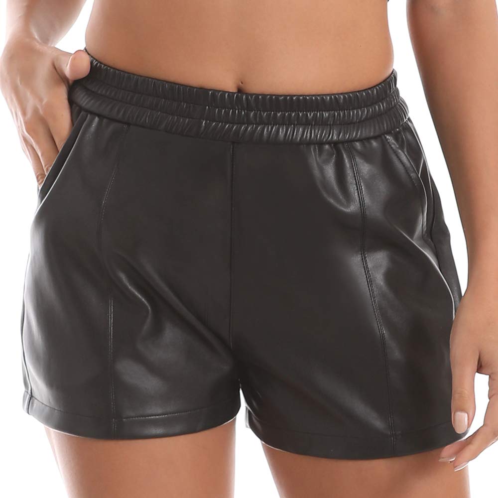 Everbellus Women's High Waisted Faux Leather Shorts with Pockets - Stretchy Elastic Waistband Comfortable Loose Fit for Casual Wear, Night Out, and Summer Fashion