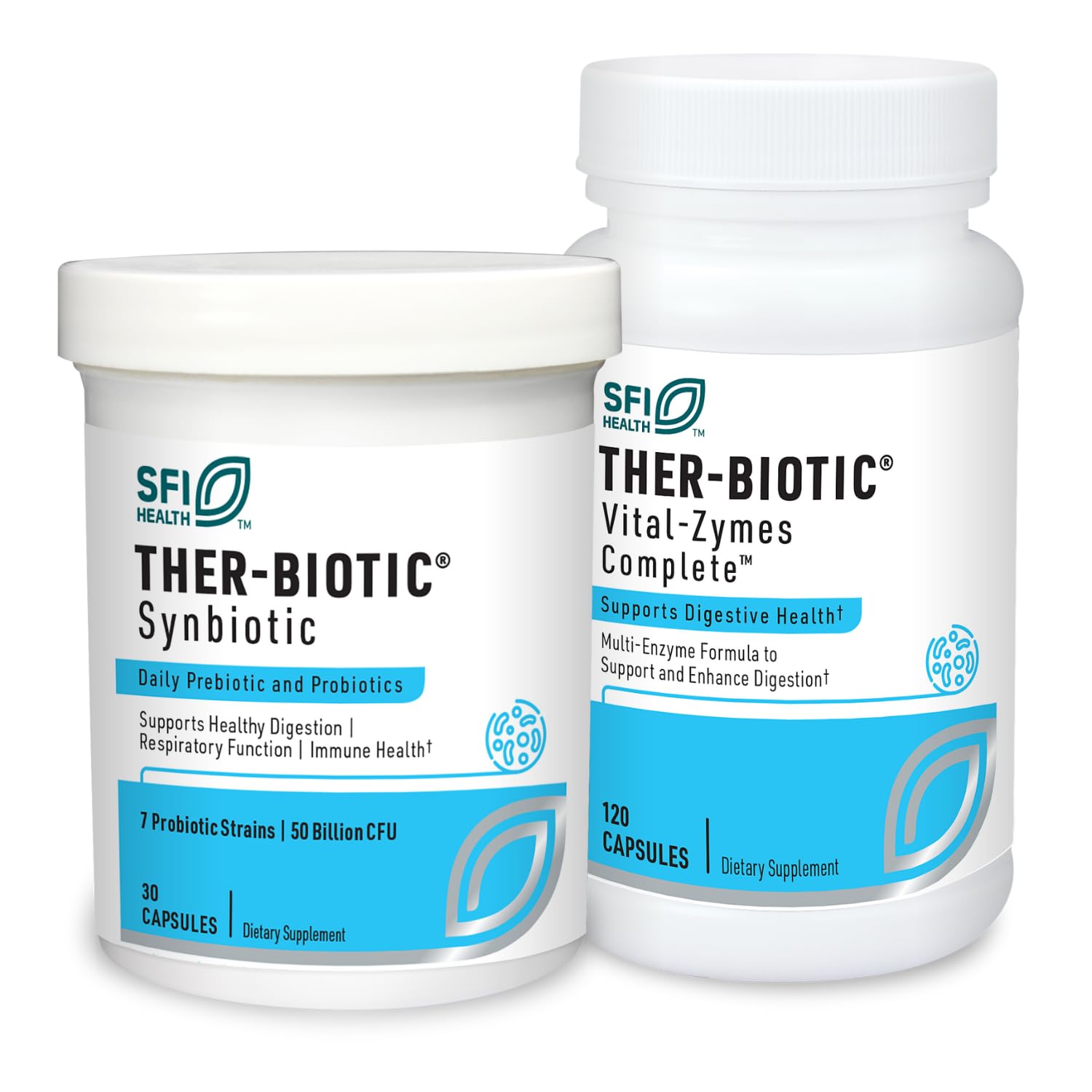 Klaire Labs Ther-Biotic Synbiotic Probiotic 30 Capsules + Vital-Zymes Digestive Enzymes 120 Count - Low-FODMAP Gut Health Supplement & Digestive Enzyme Support - IBS Relief & Bloating Aid - Complete Gut Wellness Bundle for Digestive Comfort & Immune Support