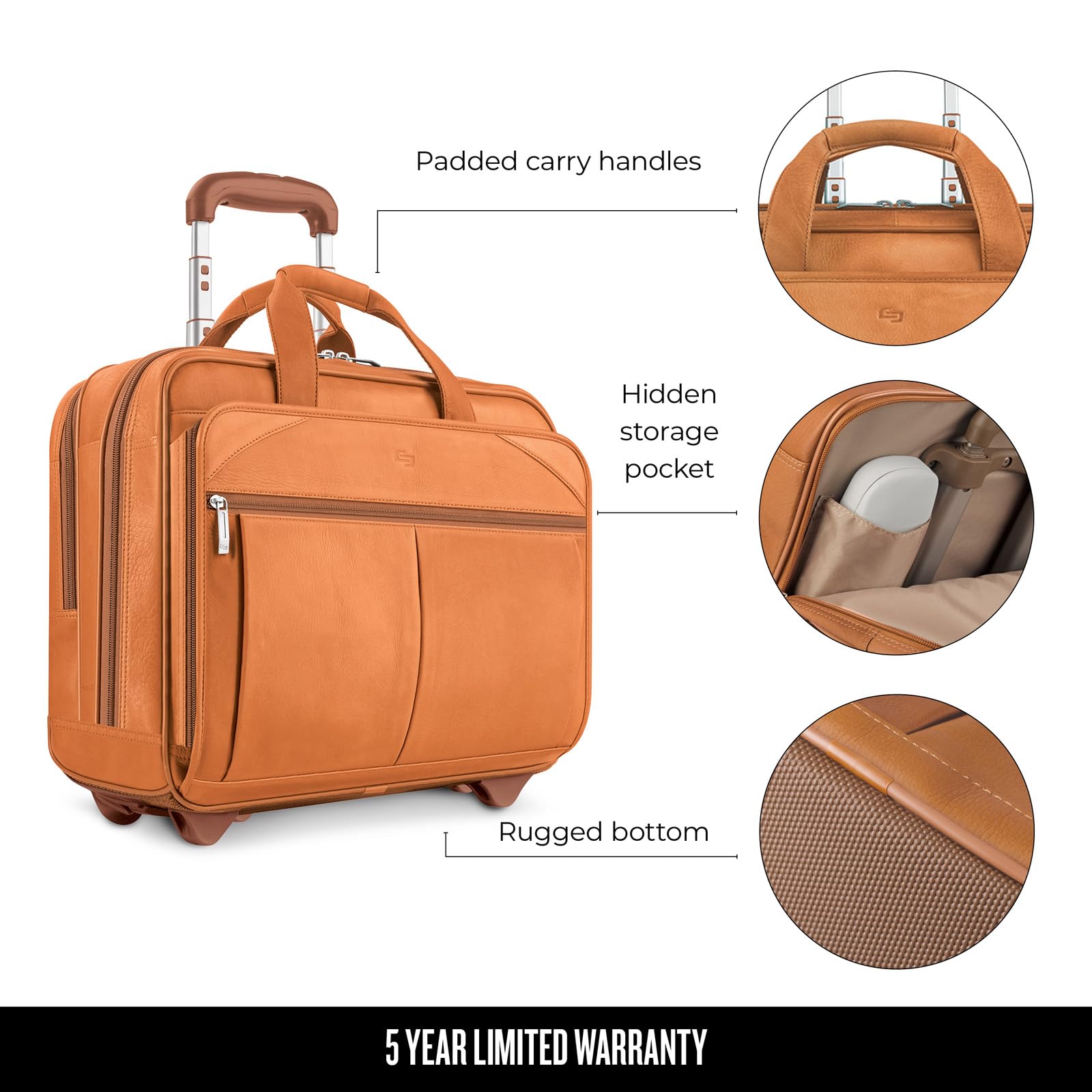 Solo Walker Genuine Leather Rolling Laptop Briefcase - Tan Brown Business Travel Carry-On with Wheels | Perfect for Business Trips, Commuting & Air Travel