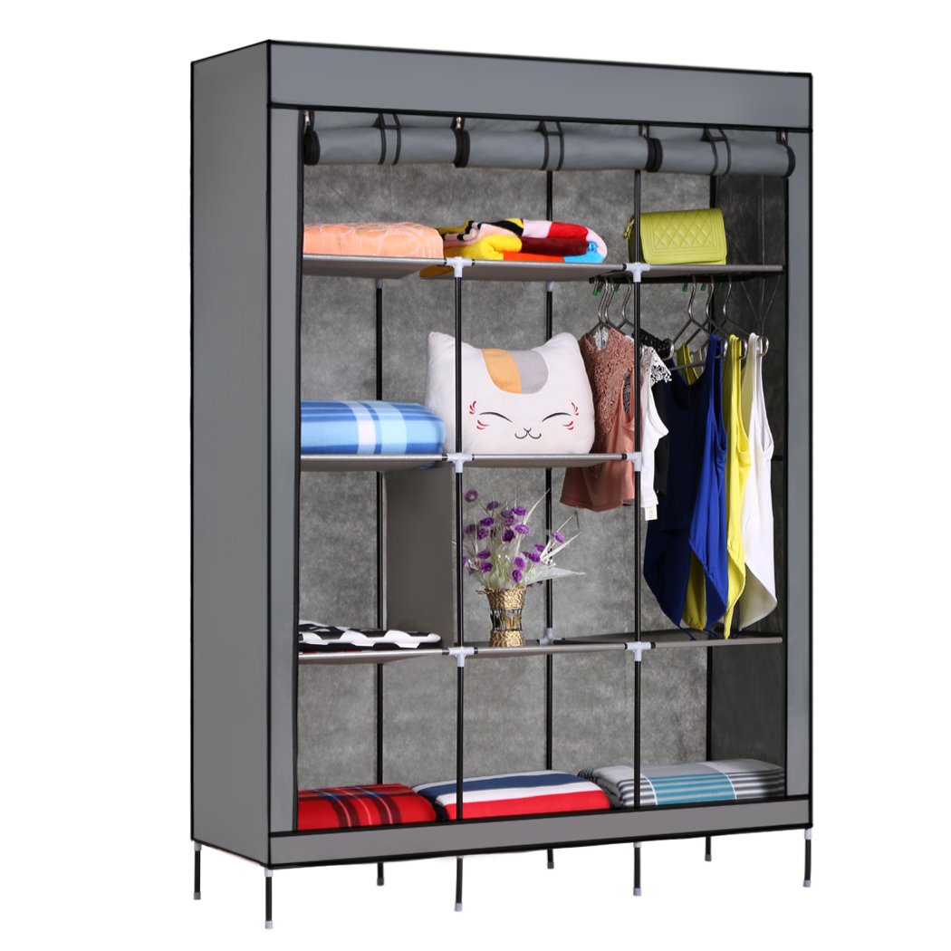 Wakrays 69-Inch Large Folding Non-Woven Closet Organizer - Wardrobe Storage for Clothes, Shoes & Accessories with Shelves (Gray) - Perfect for Bedroom, Closet & Dorm Organization