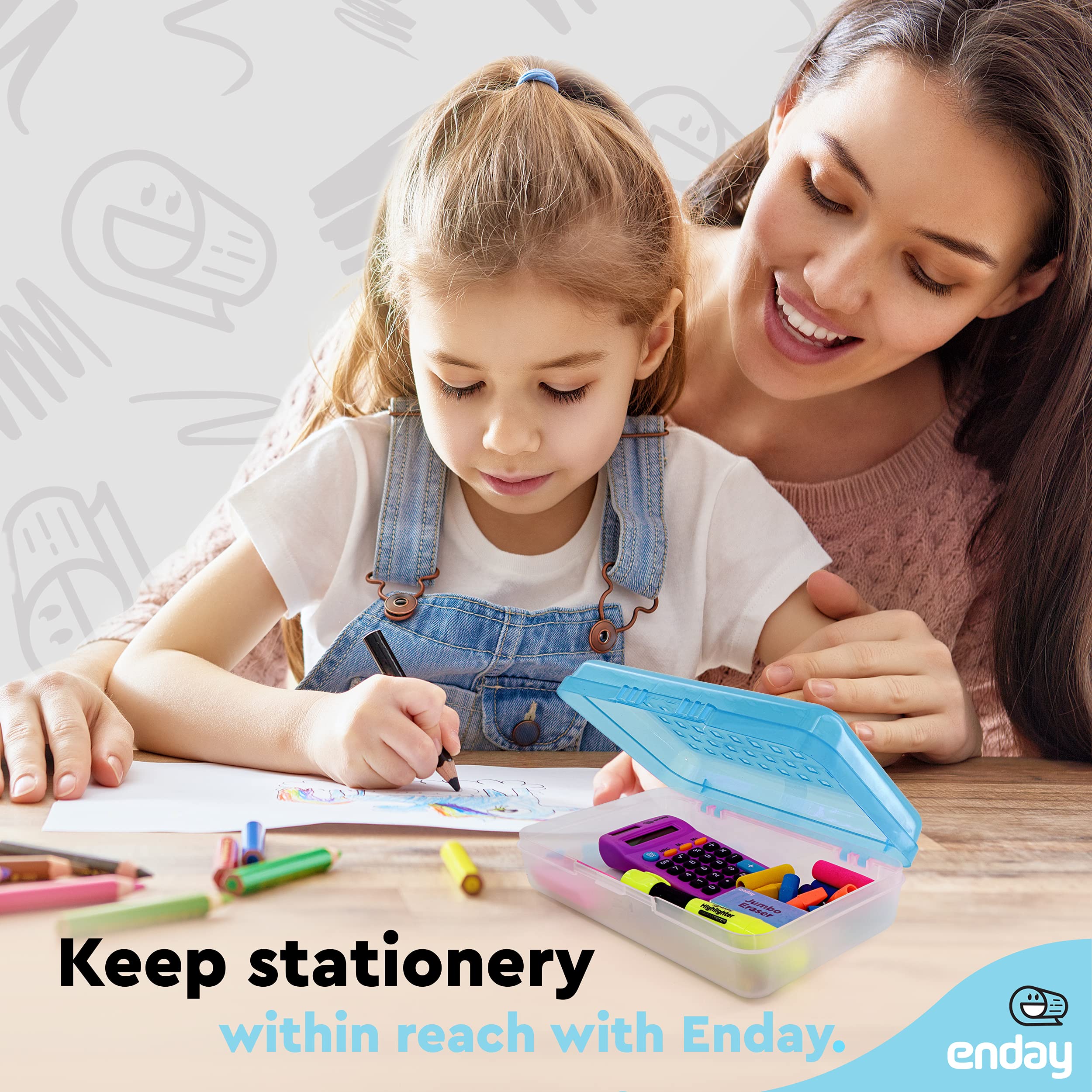 Enday Plastic Pencil Case with Snap Closure - Small Dots Design School Supplies Organizer for Kids & Adults (6-Pack, Blue/Pink/Grey/Purple/Red/Green) - Perfect for Classroom, Office & Travel Storage