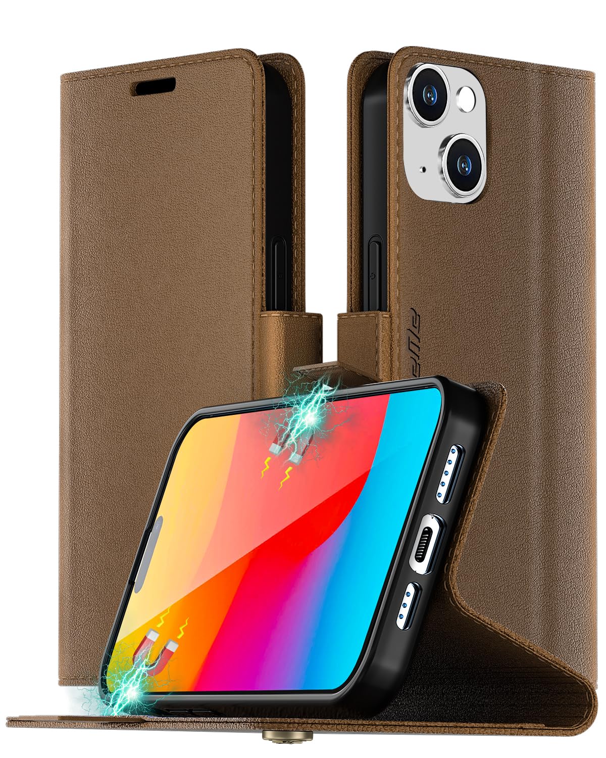 AICase iPhone 15 Wallet Case - Genuine Leather Flip Folio with RFID Blocking & Magnetic Closure - Credit Card Holder & Kickstand - Protective Cover for iPhone 15 (6.1