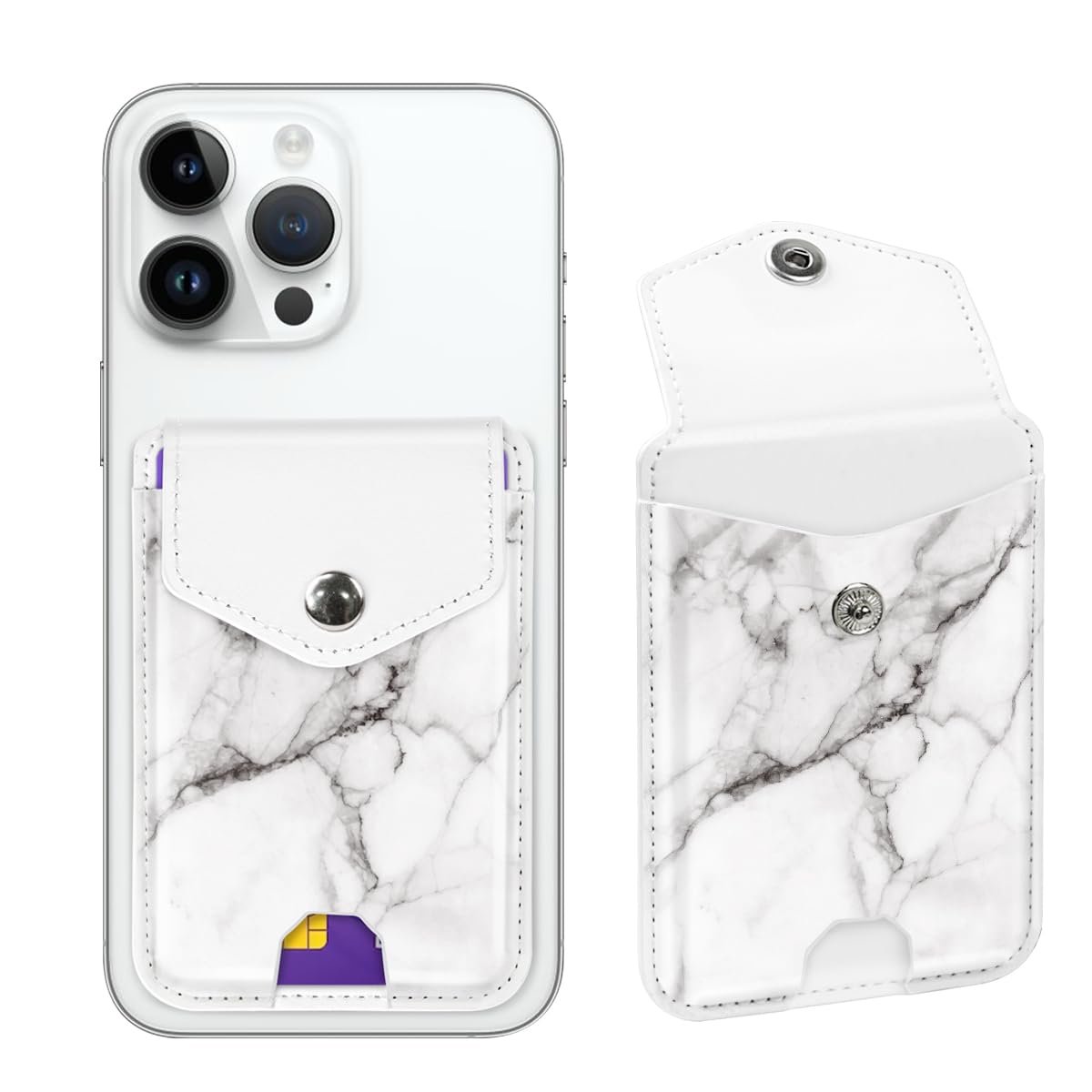 Leather RFID Phone Wallet with Snap - Self Adhesive Card Holder for Back of Phone - White Marble Design - Perfect for Credit Cards, IDs & Transit Passes - Ideal for Work, Travel & Everyday Use