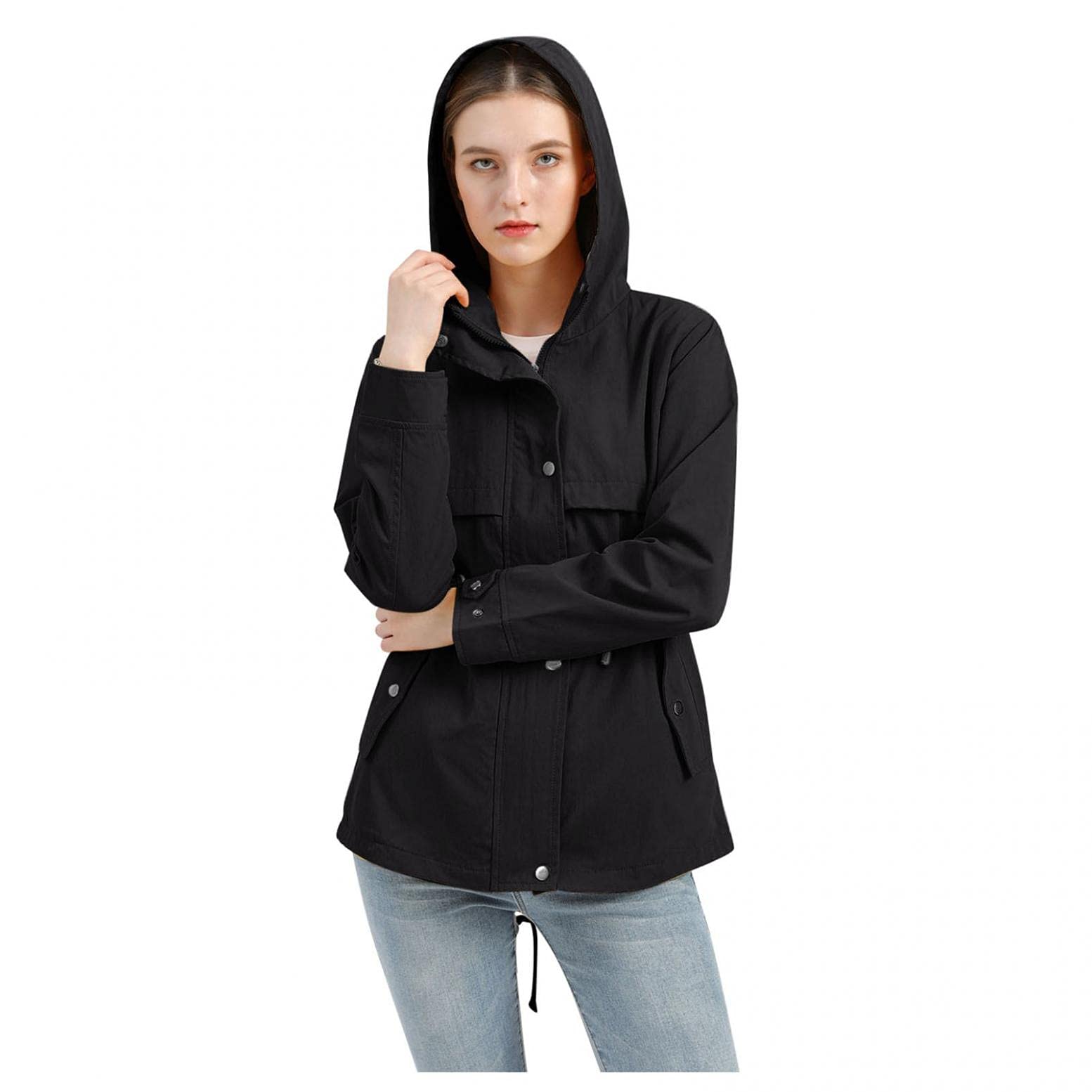 Women's Windbreaker Jacket - Long Sleeve Wind Resistant Hooded Coat with Zipper | Solid Color Casual Outerwear for Hiking, Running & Outdoor Activities