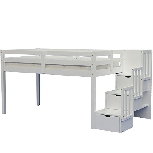 Junior Stairway Mid Loft Bed with Desk, Chest & Bookcase - White Solid Wood Frame - Durable & Sturdy for Kids & Teens - Perfect for Small Bedrooms, Dorm Rooms & Space-Saving Solutions