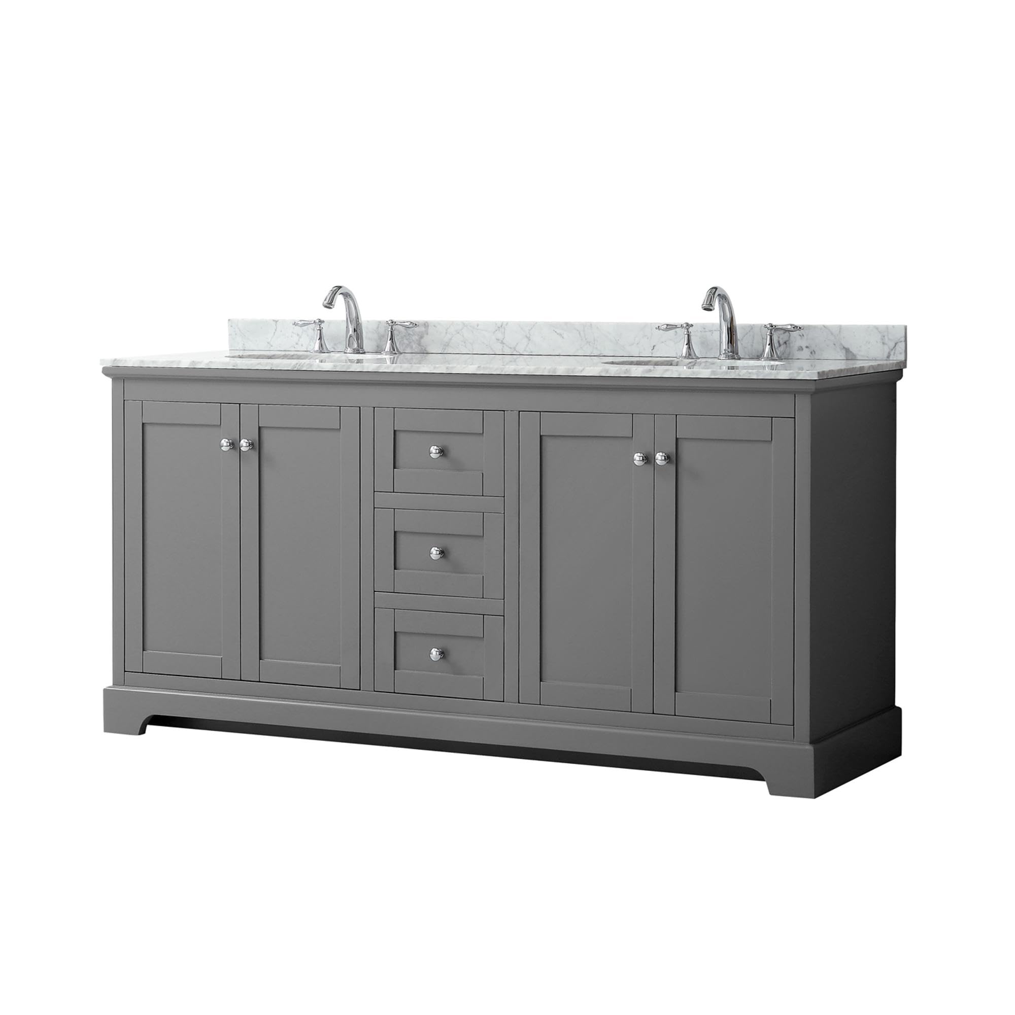 Wyndham Collection Avery 72 Inch Double Bathroom Vanity - Dark Gray with White Carrara Marble Countertop & Undermount Oval Sinks | Perfect for Master Bathroom Renovation and Modern Home Decor