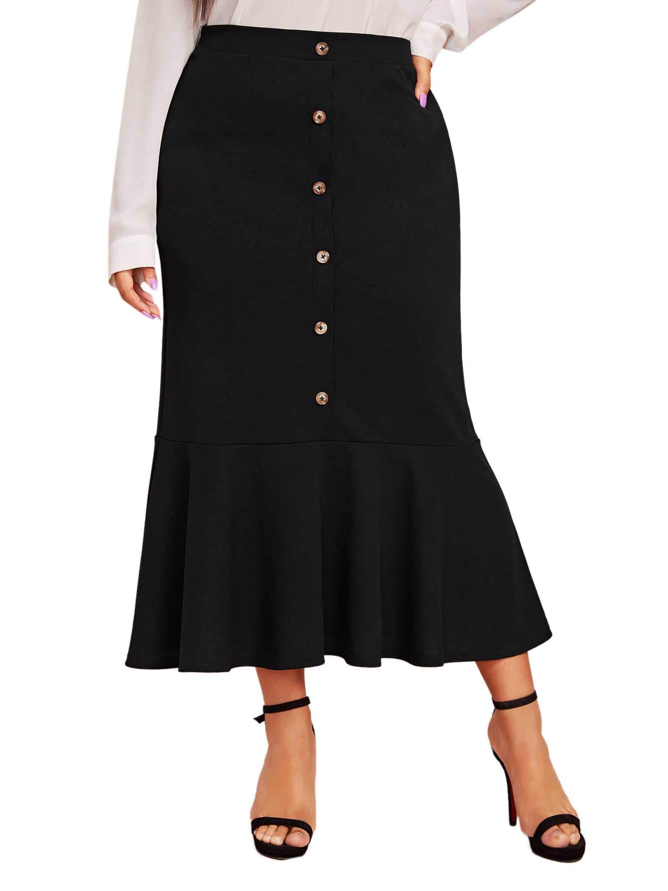 Romwe Women's Plus Size Bodycon Pencil Skirt with Side Zipper & Ruffle Hem - Stretchy Mermaid Skirt for Work, Party & Date Night Outfits