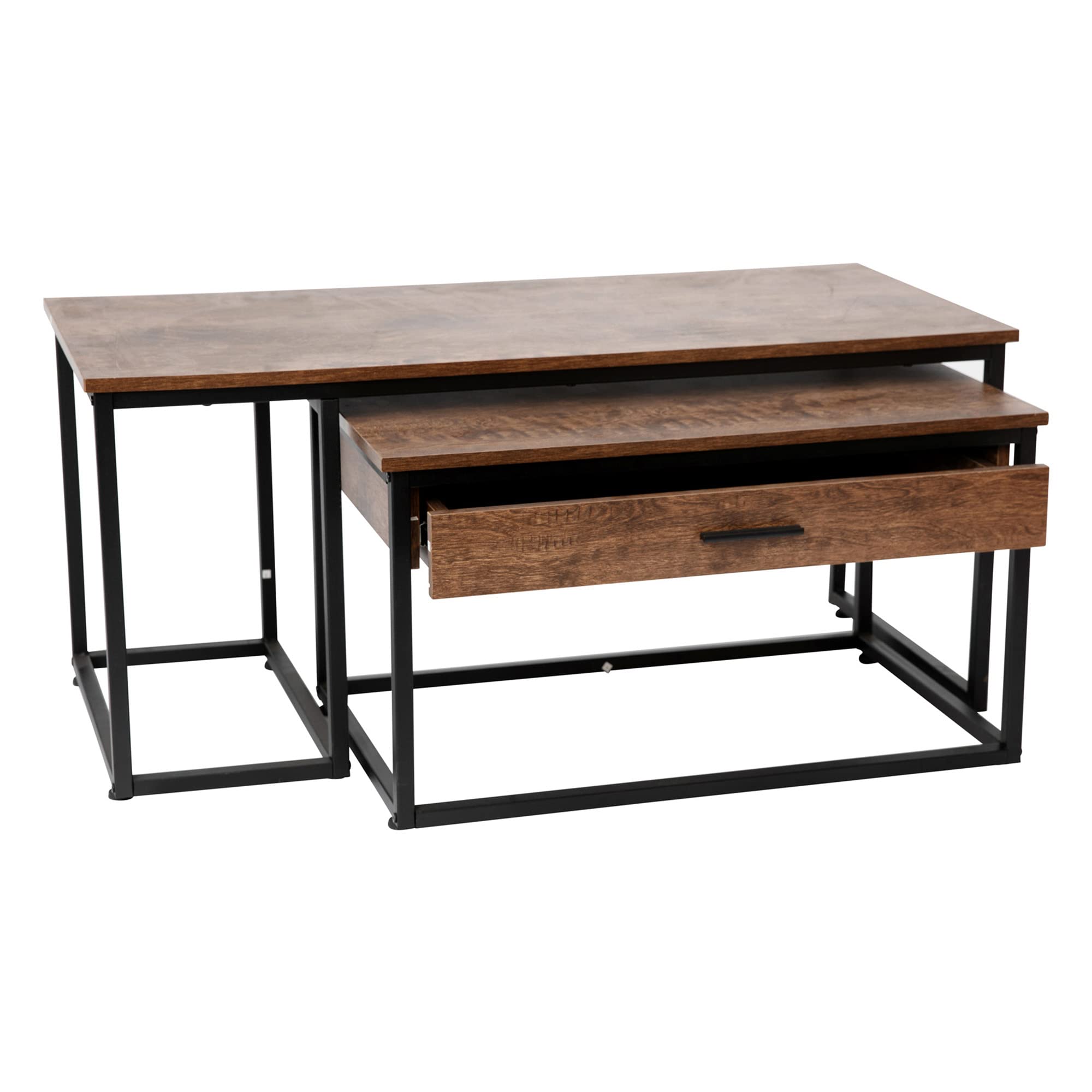 Flash Furniture Emerson 2-Piece Nesting Coffee Table Set with Walnut Engineered Wood Top & Black Sled Base Steel Frames - Includes Storage Drawer for Living Room, Office or Small Space Decor