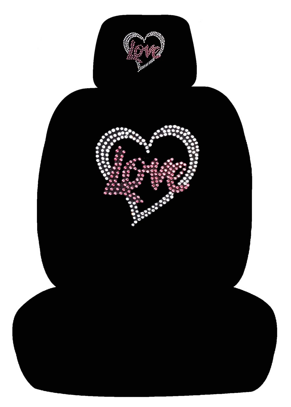 Universal Fit Rhinestone Studded Car Seat Covers for Trucks & Cars - 4-Piece Set with Low Back, Front Bucket & Headrest Covers (Heart Love-Black) - Perfect for Customizing & Protecting Vehicle Seats