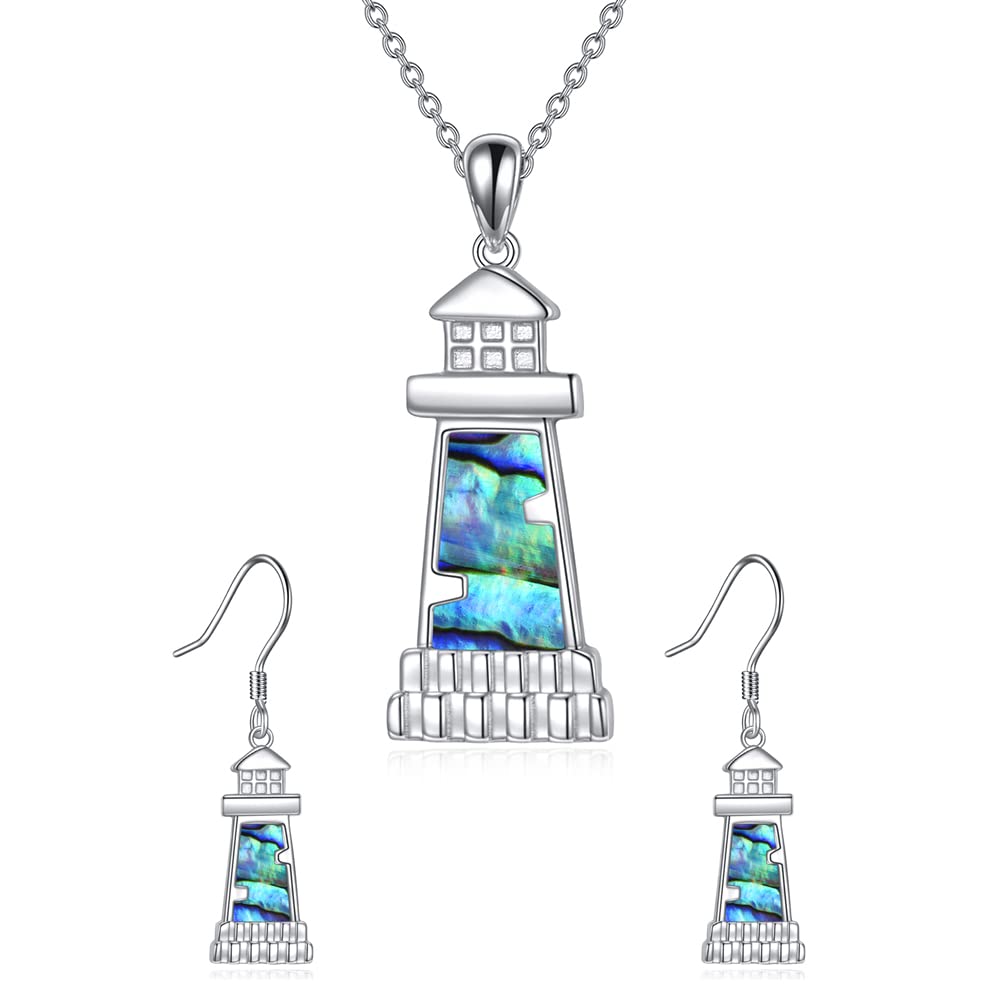 ONEFINITY Sterling Silver Lighthouse Necklace & Earrings Set for Women - Abalone Shell Pendant, Mothers Day Jewelry Gift for Girlfriend, Wife, Lover | Perfect for Beach Vacations, Anniversary Presents & Romantic Occasions