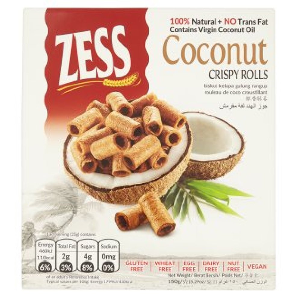 Zess Coconut Crispy Rolls 150g (9 Count) - Crunchy Coconut Snacks for Parties, Gifts & Healthy On-the-Go Treats