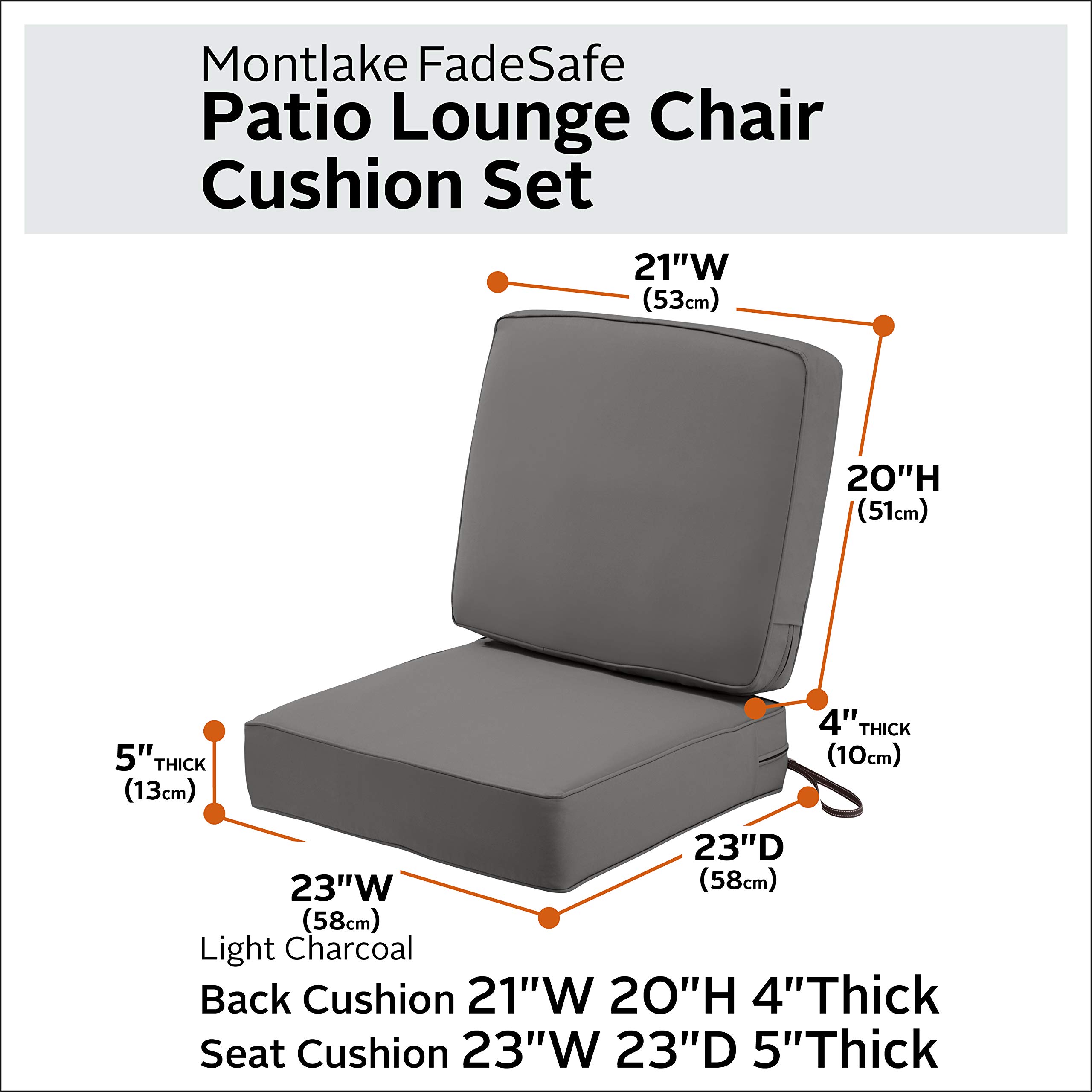Classic Accessories Montlake FadeSafe Patio Seat & Back Cushion Set - 23x23x5 Inch Seat & 21x20x4 Inch Back - Light Chargray Water-Resistant Outdoor Furniture Cushions for Patio Chairs, Deck, Garden & Poolside Lounge