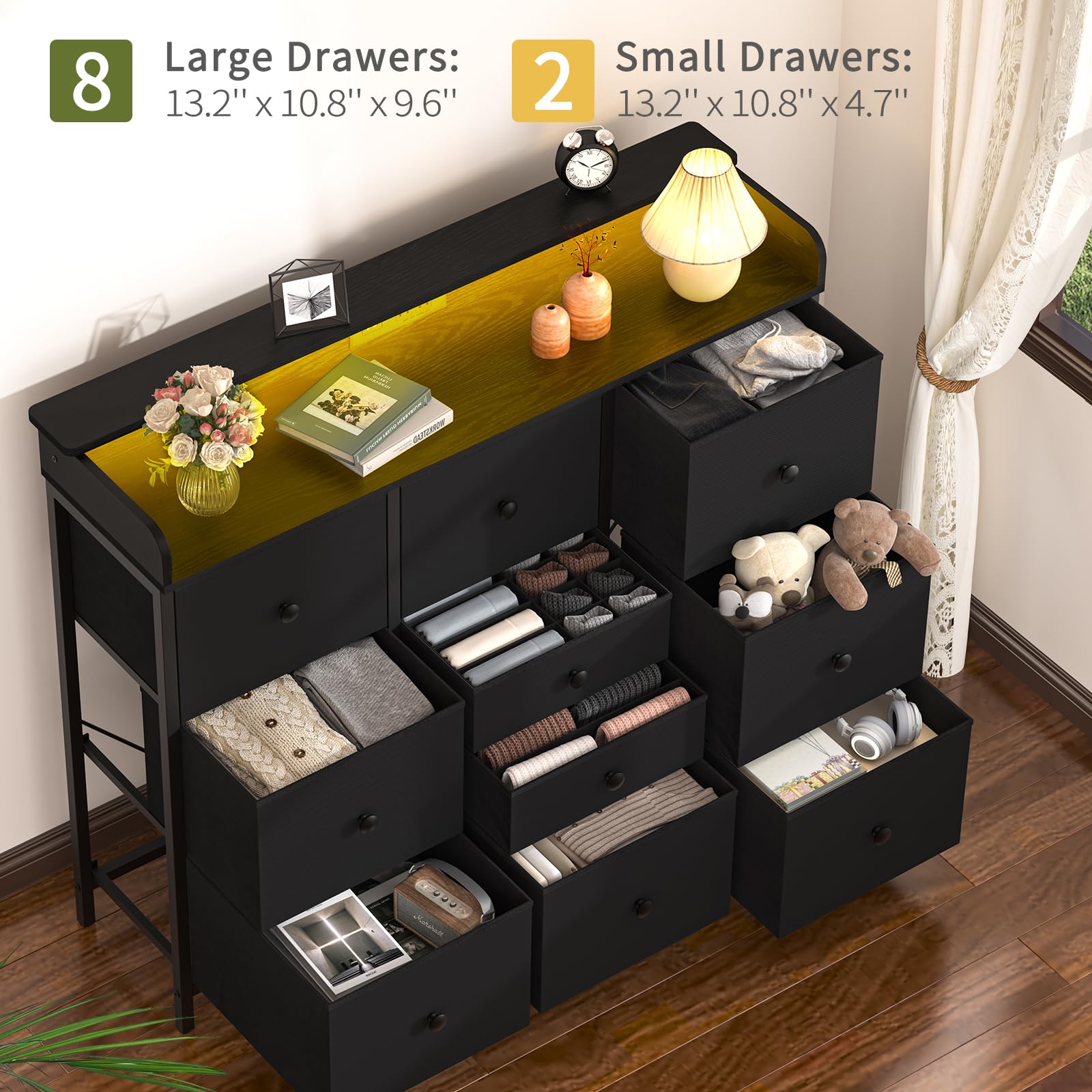 Yoobure 10-Drawer Tall Dresser with Charging Station & LED Lights - Black Fabric Bedroom Storage Organizer, TV Stand & Closet Dresser for Modern Home Decor | Perfect for Small Spaces, Dorm Rooms & Apartment Living