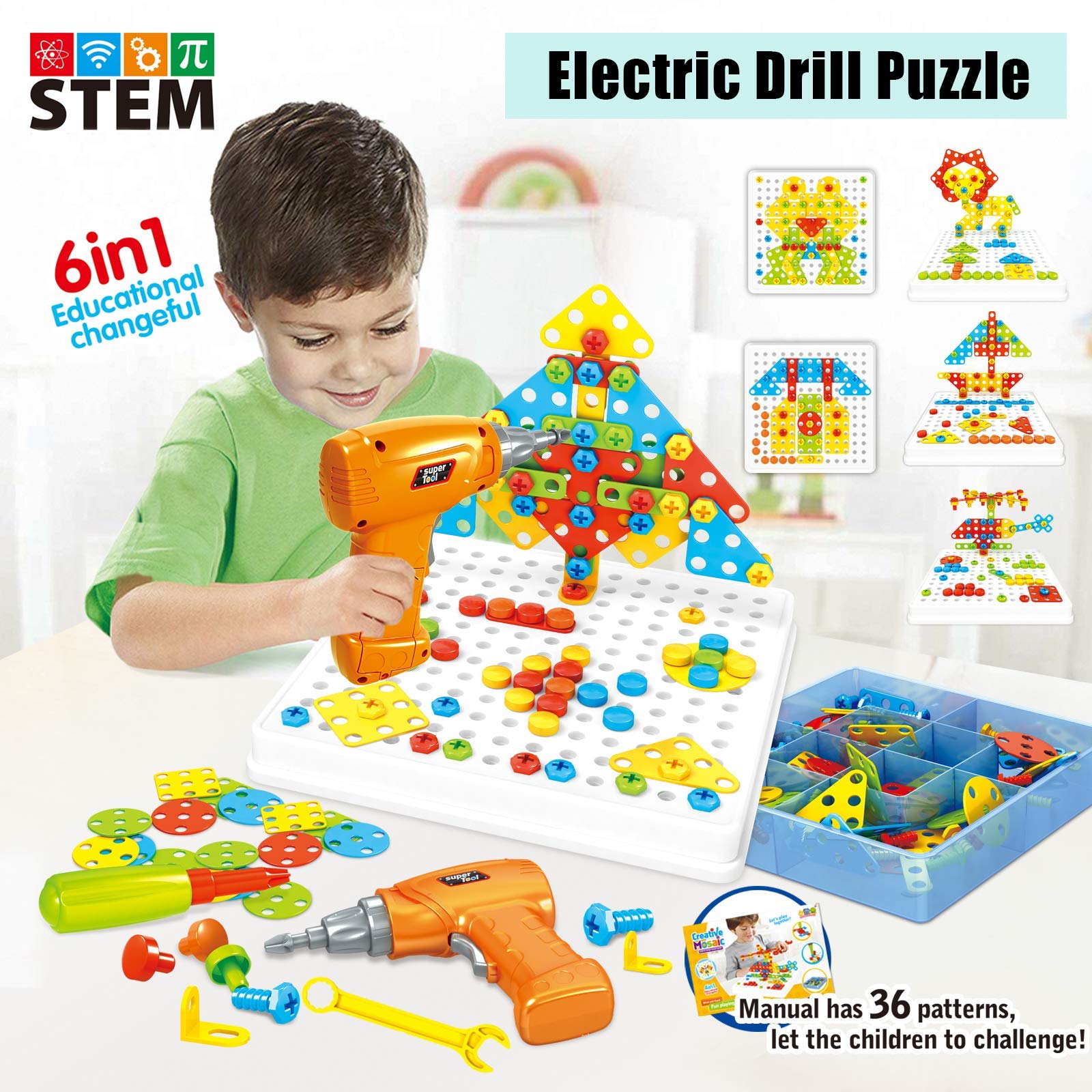 261 Pcs STEM Building Toys for Kids Ages 3-8 - 2 in 1 Educational Drill Puzzle & Button Art Set with Electric Toy Drill - Creative Learning Toys for Boys & Girls - Perfect for Classroom, Birthday Gifts & Family Bonding Activities