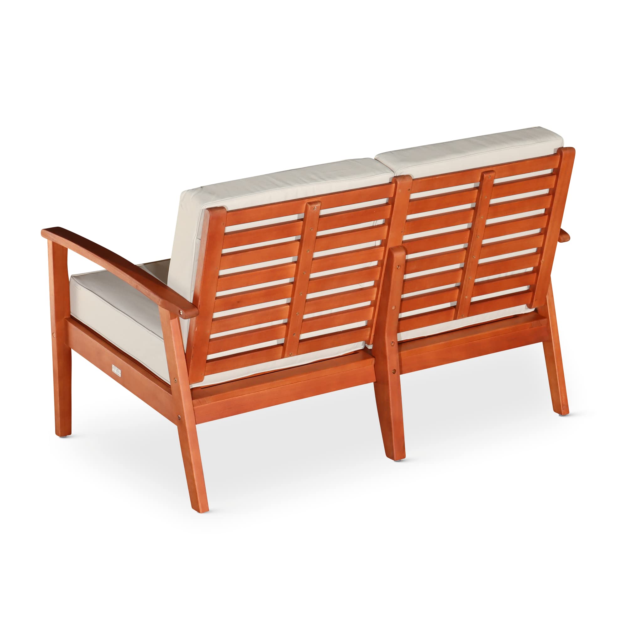 DTY Outdoor Living Longs Peak Eucalyptus Wood Loveseat with Weather-Resistant Cushions - Natural Oil Finish, Burgundy Cushion Set for Patio, Garden & Backyard Relaxation