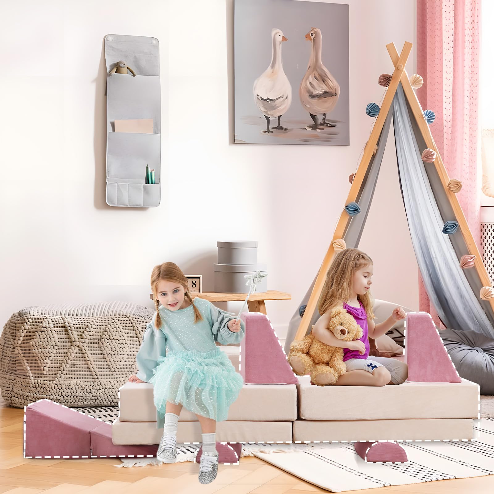 **9PCS Kids Play Couch Sofa Set - Soft Modular Sectional for Playroom, Creative Imaginative Furniture for Boys & Girls Bedroom (Pink) - Perfect for Reading, Lounging & Playtime**
