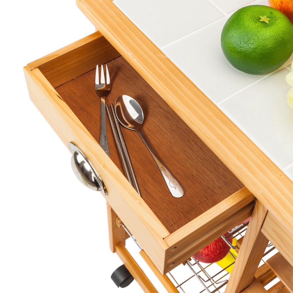 White Wooden Rolling Utility Cart with 2 Drawers & 3 Baskets - Mobile Kitchen Storage Cart with Wine Rack, Microwave Stand & Wheels for Dining Room, Living Room & Small Space Organization
