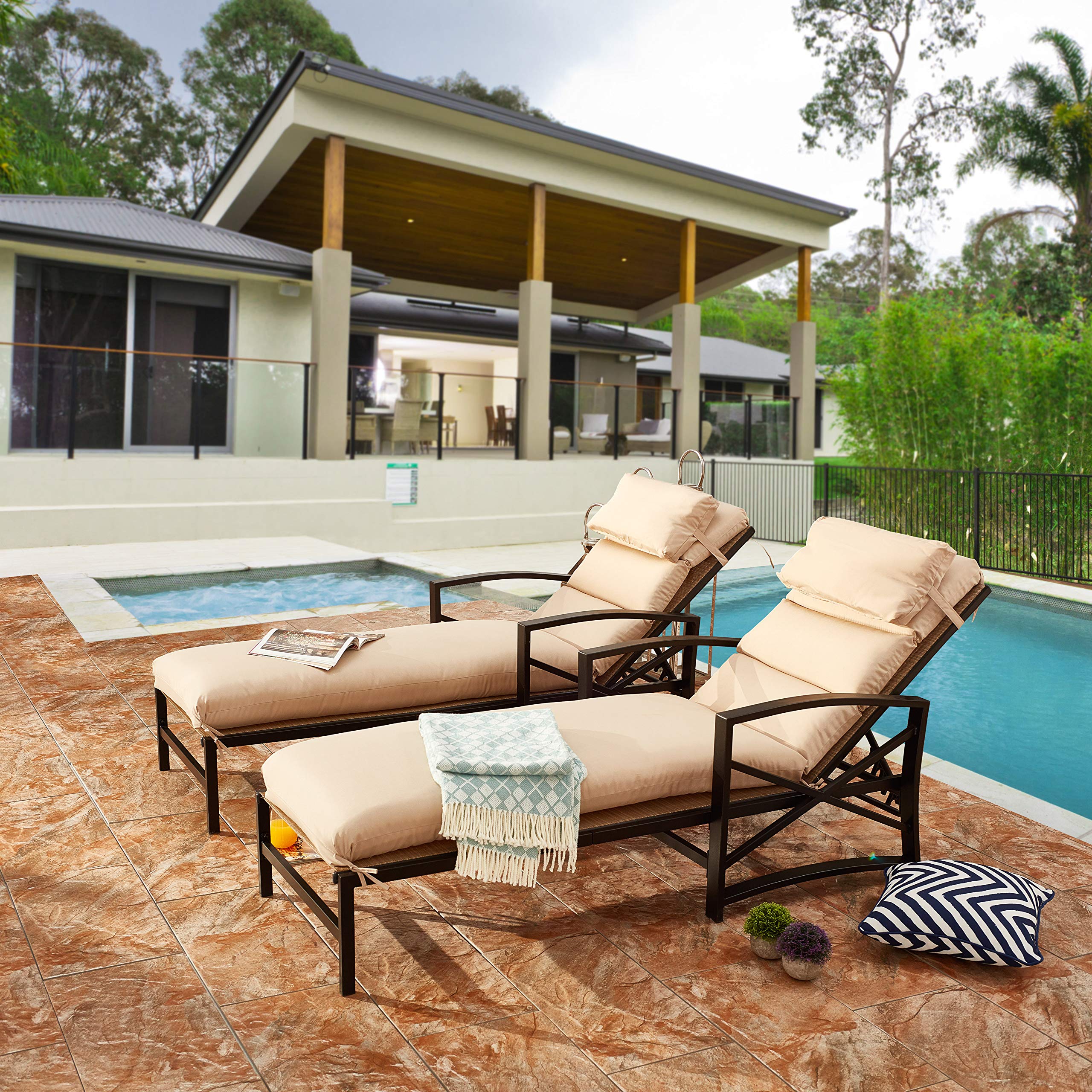 LOKATSE HOME 2-Piece Outdoor Patio Chaise Lounge Set with Removable Blue Cushions & Pillows, Adjustable Backrest & Armrests - Perfect for Beach, Poolside, Balcony, Backyard & Garden Relaxation (Khaki)