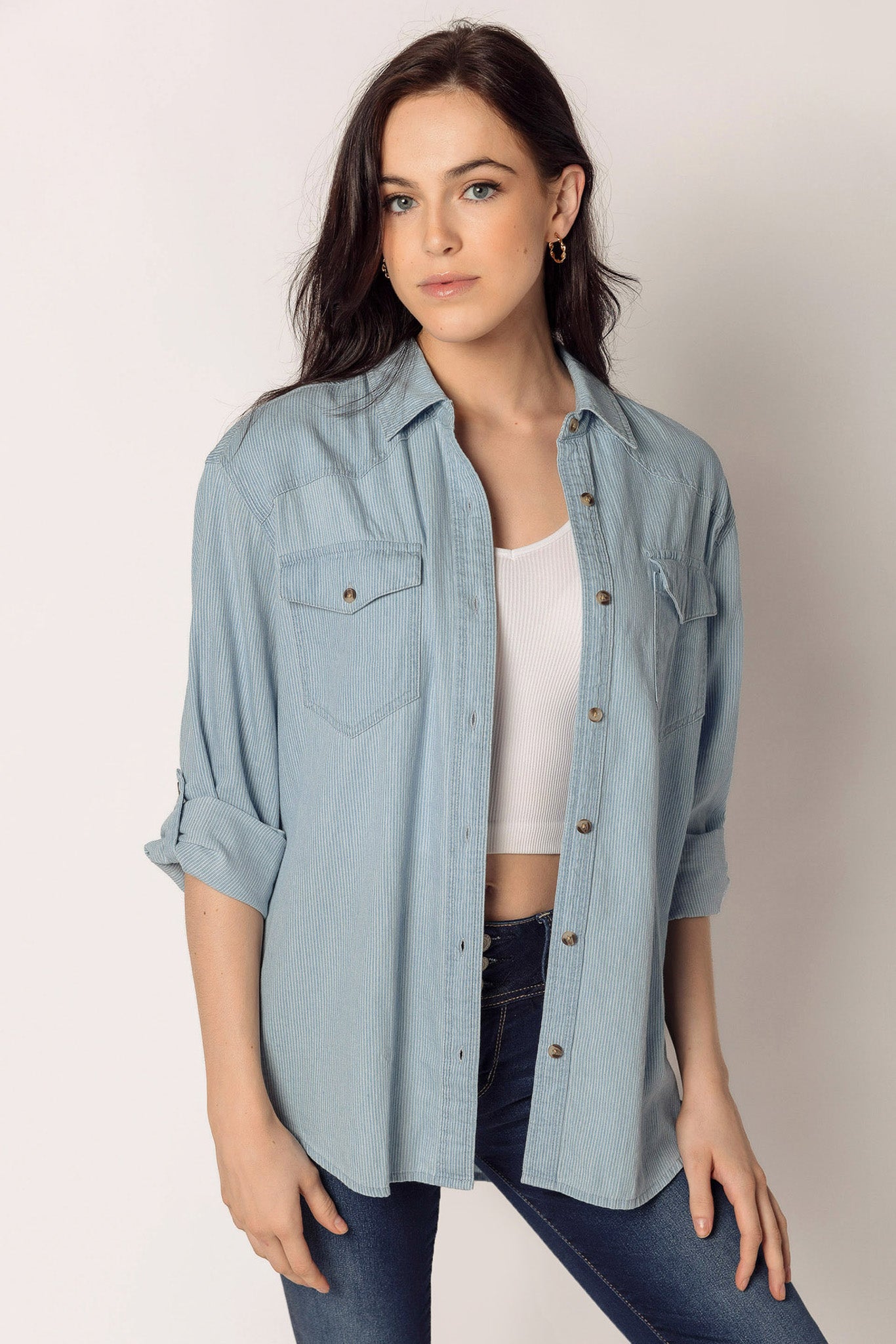 Stylish Pinstripe Denim Shirt with Roll-Up Sleeves for Men & Women | Casual Button Down Shirt for Office, Date Night & Weekend Outings