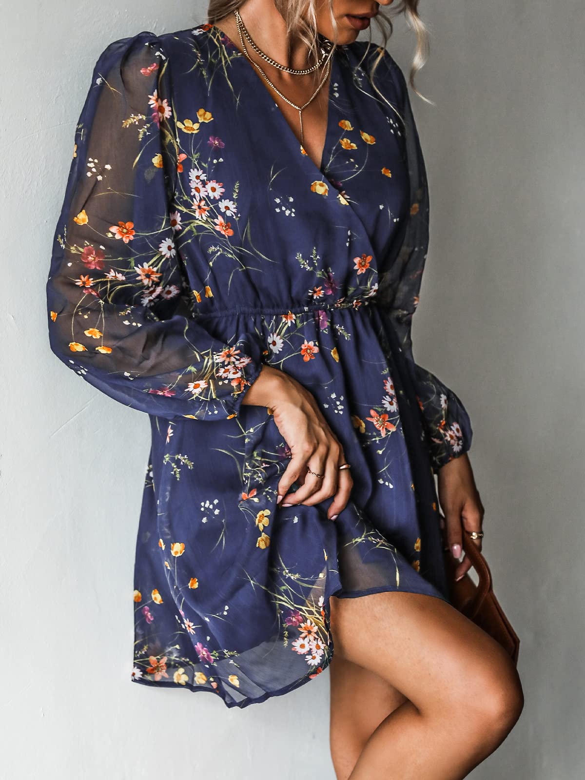 CUPSHE Women's Mini Dress Casual V-Neck Chiffon Long Sleeve Flowy Summer Dress for Beach, Vacation & Date Night
