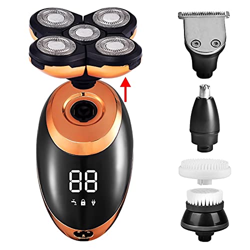 5D Floating Electric Razor for Men - 5 Blade Beard Trimmer with LCD Display & Nose Hair Trimmer | Golden Color (Package A) | Perfect for Travel, Home & Office Grooming
