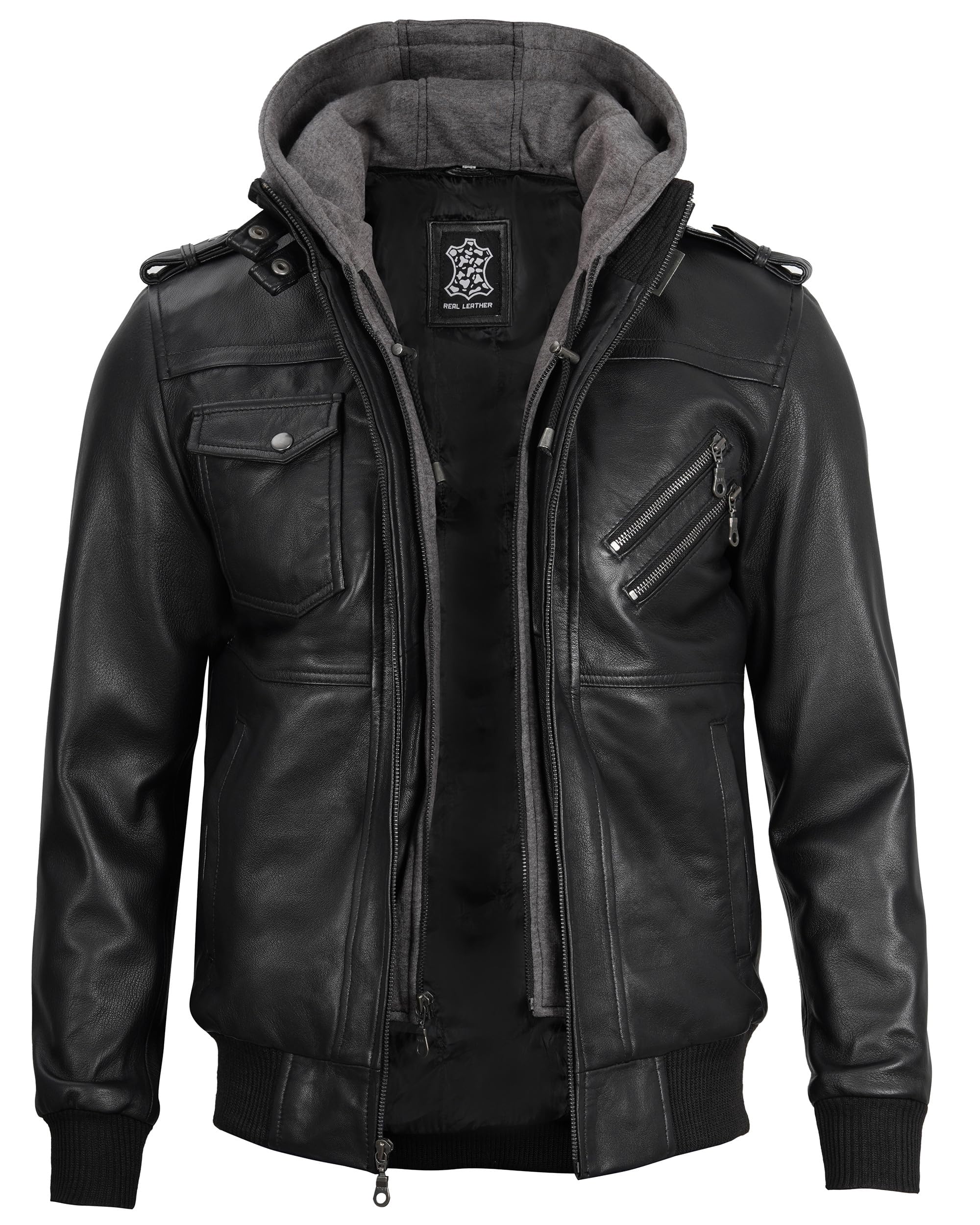 Blingsoul Men's Black Moto Style Leather Jacket with Removable Hood - Premium Biker Jacket for Men, Motorcycle Riding, Casual Outfits & Winter Fashion