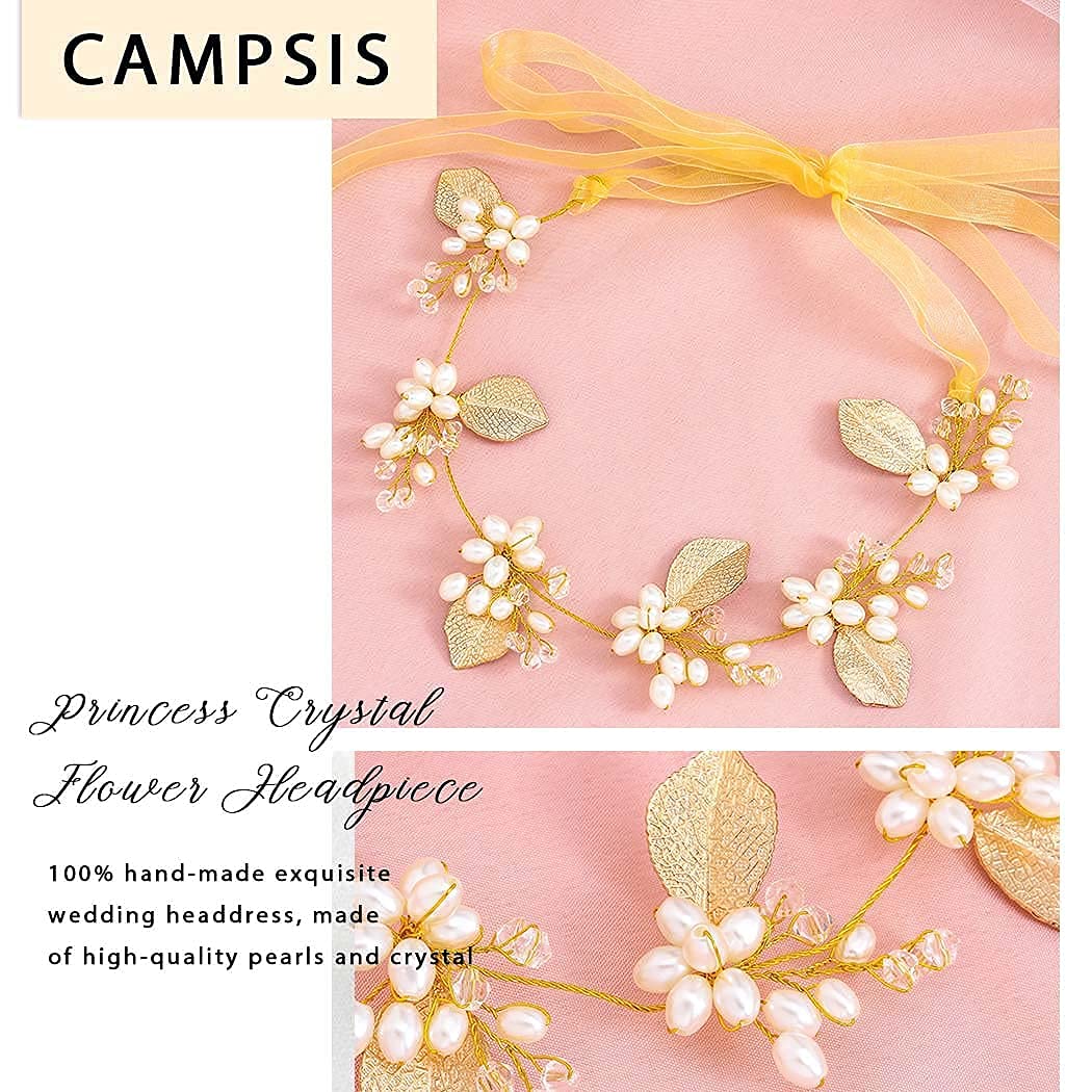 Elegant Golden Leaf Pearl Bridal Headpiece - Alloy Tie Back Princess Headband for Wedding Bride & Bridesmaid | Women's Prom Photography Hair Accessories | Perfect for Weddings, Proms, and Special Occasions