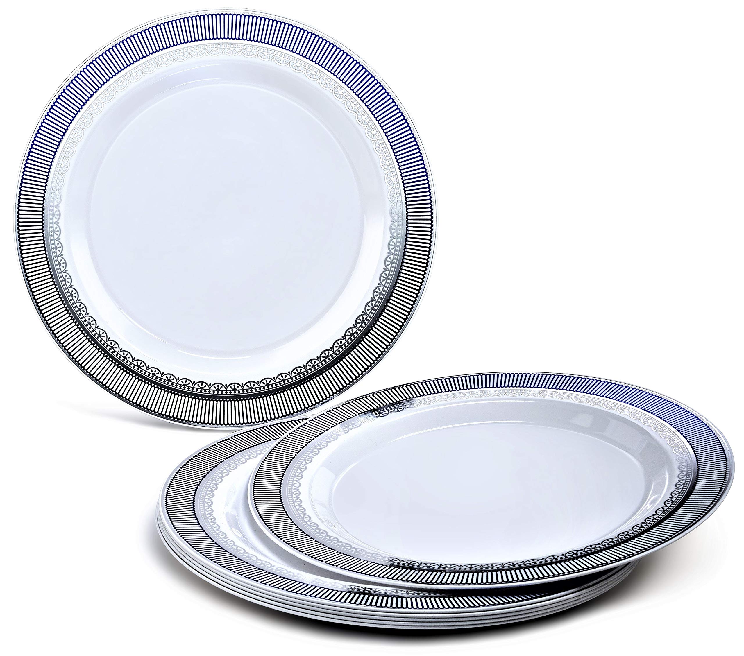 60-Pack Heavyweight Disposable Plastic Plates for Weddings & Parties - 7.5'' Appetizer/Dessert Plates in Louvre White/Blue & Silver - Perfect for Catering, Birthday Celebrations & Formal Events