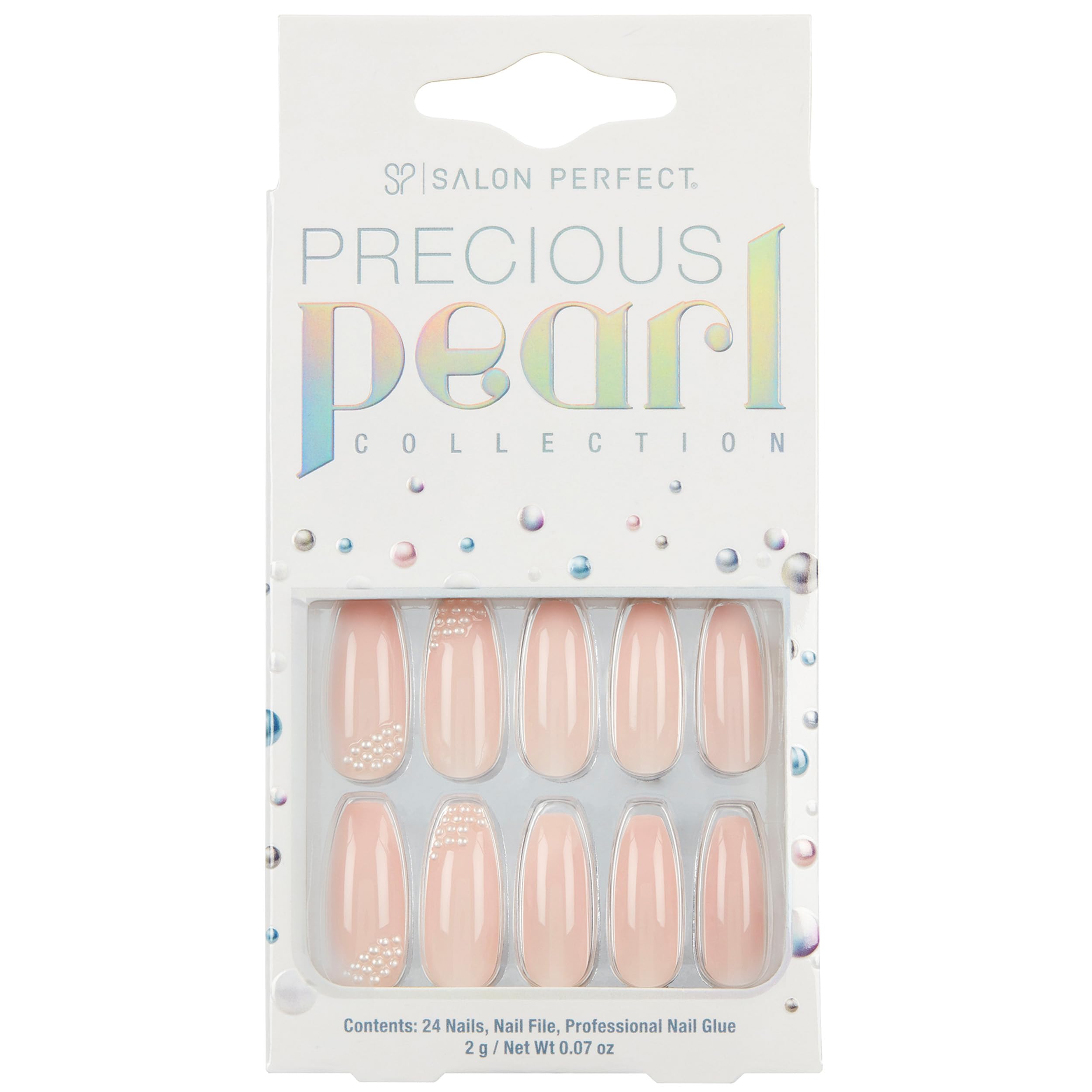 Salon Perfect Precious Pearl Long Coffin Press On Nails - 24pcs False Nails Kit with Glue & Nail File - Elegant Acrylic Fake Nails for Women, Perfect for Parties, Weddings & Special Occasions