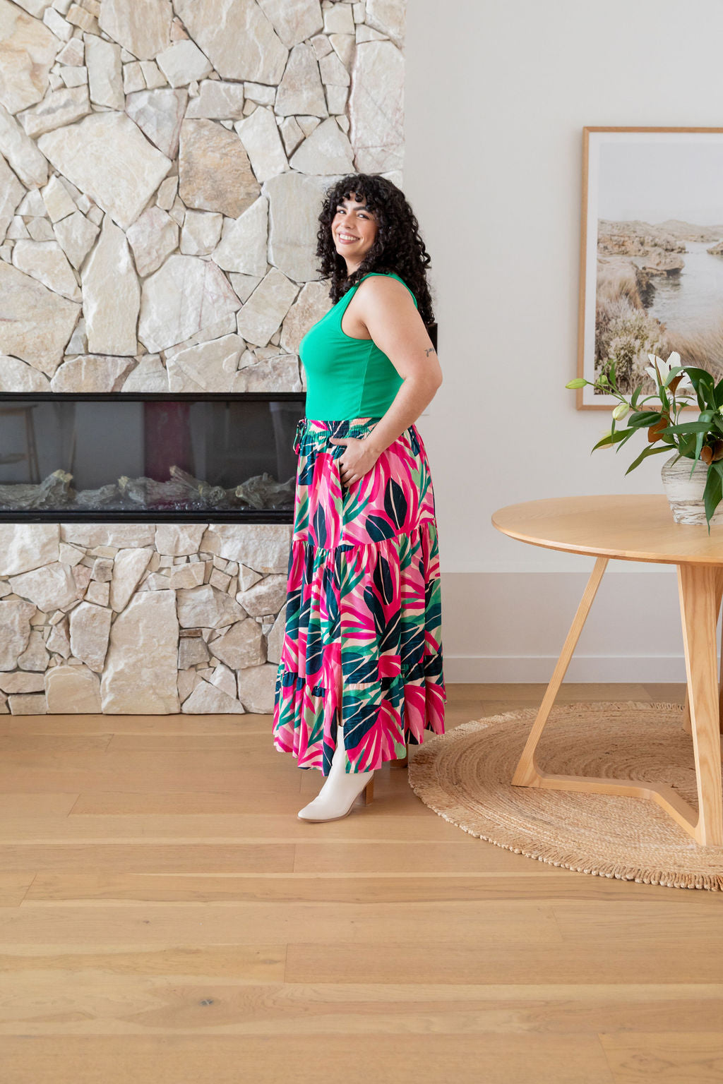 Carrie Skirt in Jungle Pink - Women's Floral A-Line Midi Skirt with Pockets | Perfect for Spring Outfits, Office Wear & Casual Dates