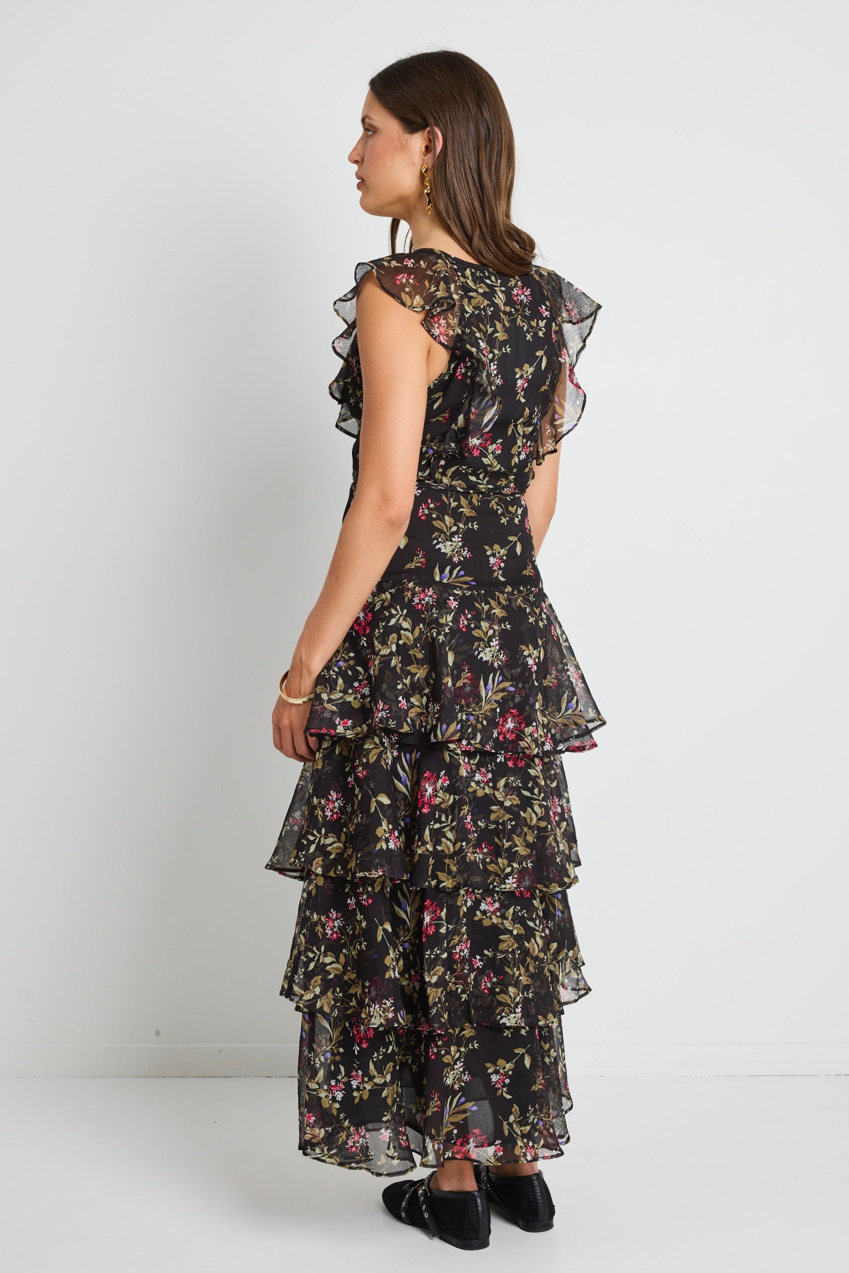 Everly Black Posy Floral Flutter Sleeve Tiered Maxi Dress for Women - Summer Boho Beach Wedding Guest Dress with Pockets