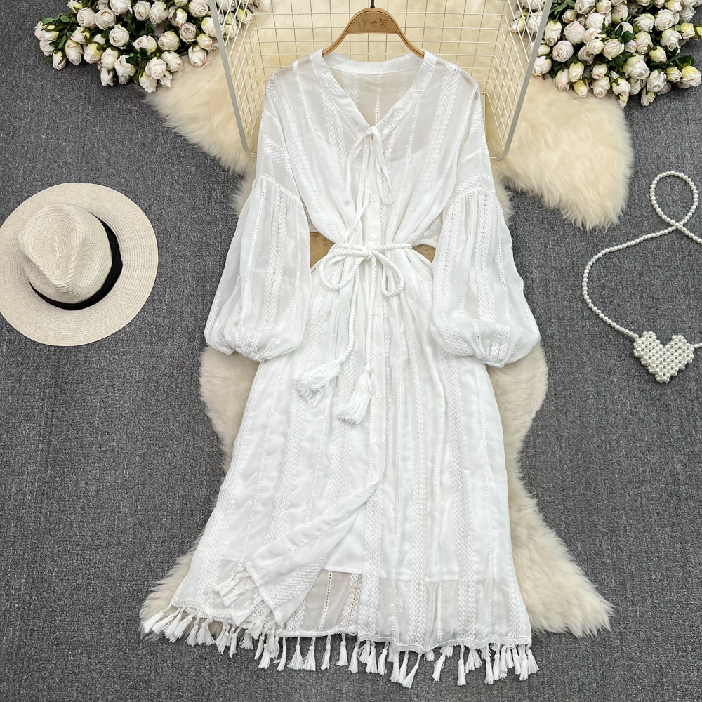 Elegant French Tassel Maxi Dress for Women - Summer Flowy Long Skirt with Side Slit - Perfect for Beach Vacations, Date Nights & Boho Chic Outfits