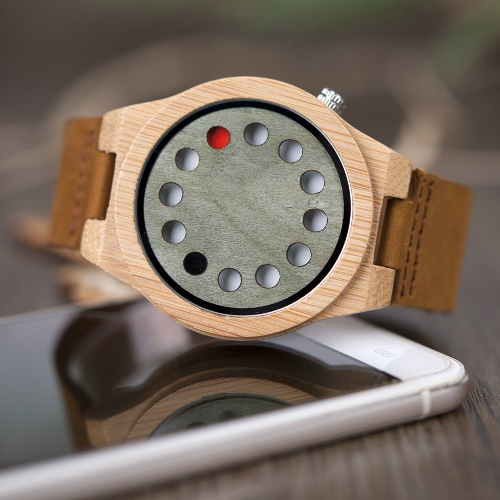 BOBO BIRD Men's Bamboo Wooden Watch - Black Genuine Leather Strap with 12 Holes, Minimalist Wood Grain Design for Casual & Sports Wear - Perfect for Outdoor Activities, Office & Everyday Use