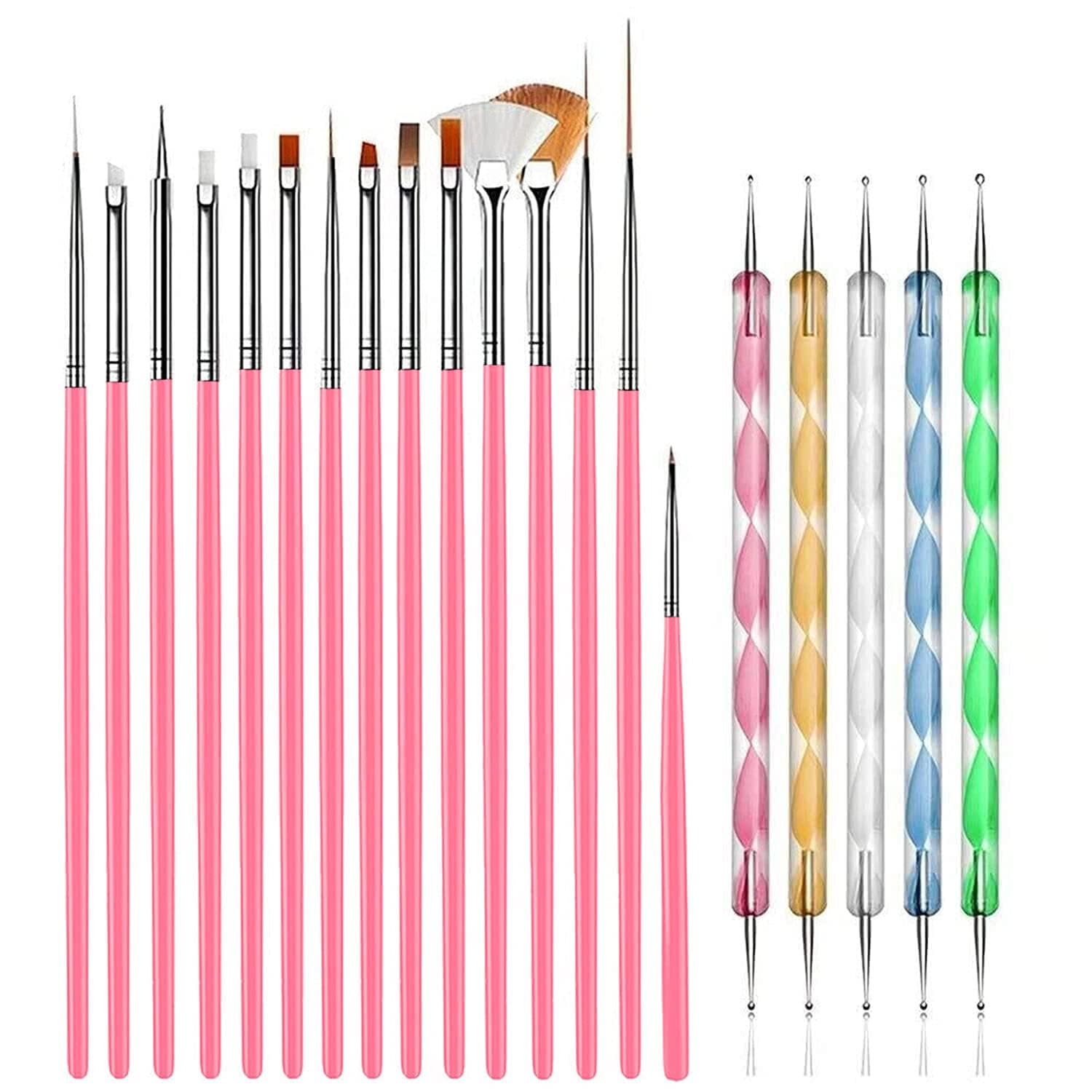 20-Piece Professional Nail Art Brush Set for Acrylic & Gel Polish - Includes 15 Nail Design Brushes & 5 Dotting Tools - Perfect for DIY Manicures, Salon Nail Art & UV Gel Painting - Multicolor Nail Artist Kit