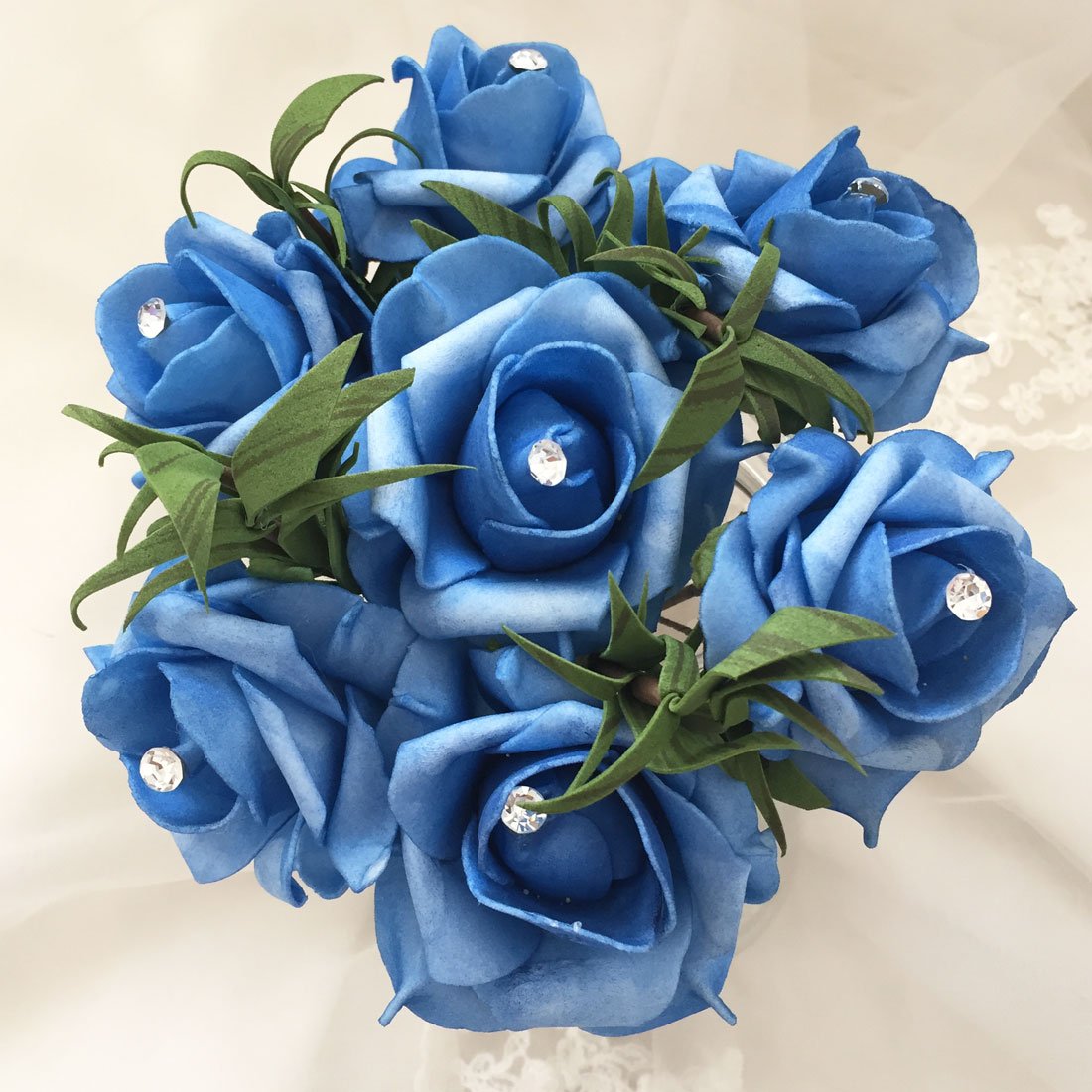 7-Stem Artificial Rose Bouquet with Crystal Accents - Blue Silk Flowers for Home Decor, Wedding Centerpieces, and Gift Giving