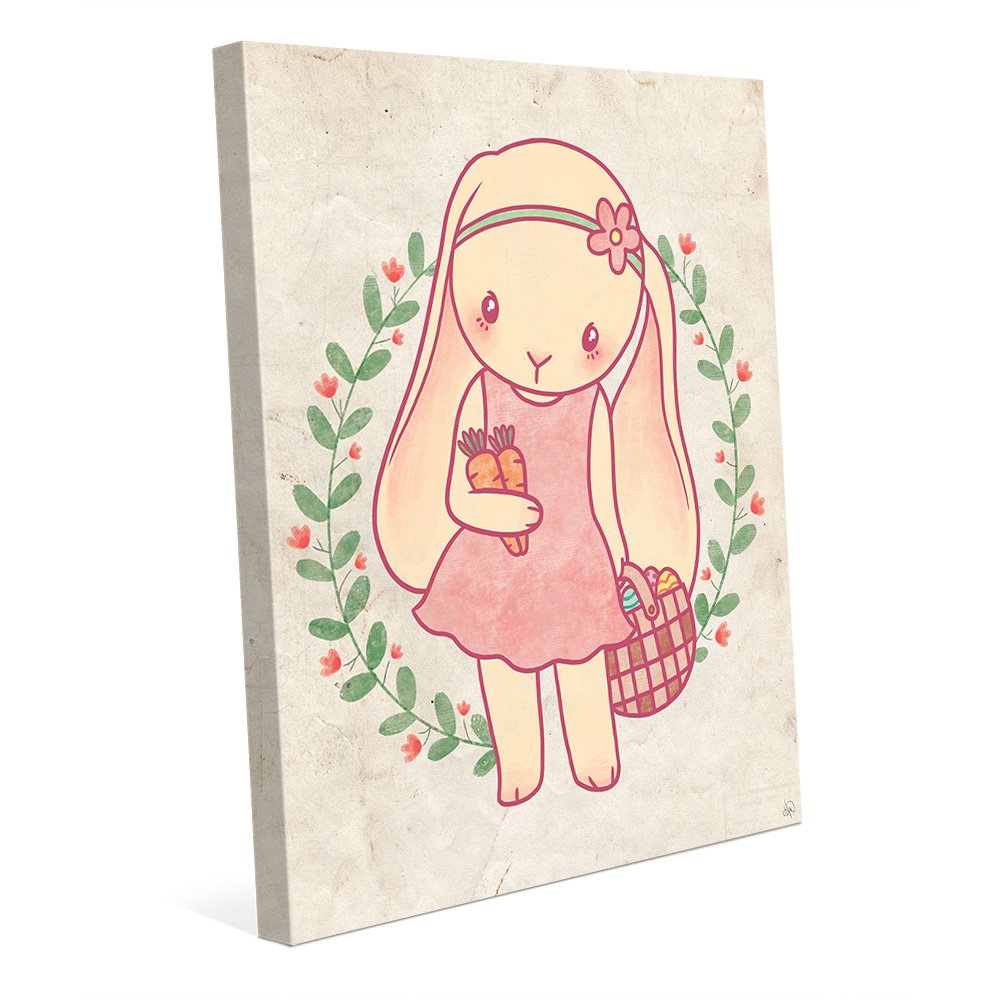 Little Bunny Girl with Basket of Easter Eggs & Wreath Canvas Wall Art - Easter Home Decor, Nursery Room Painting, Spring Holiday Gift