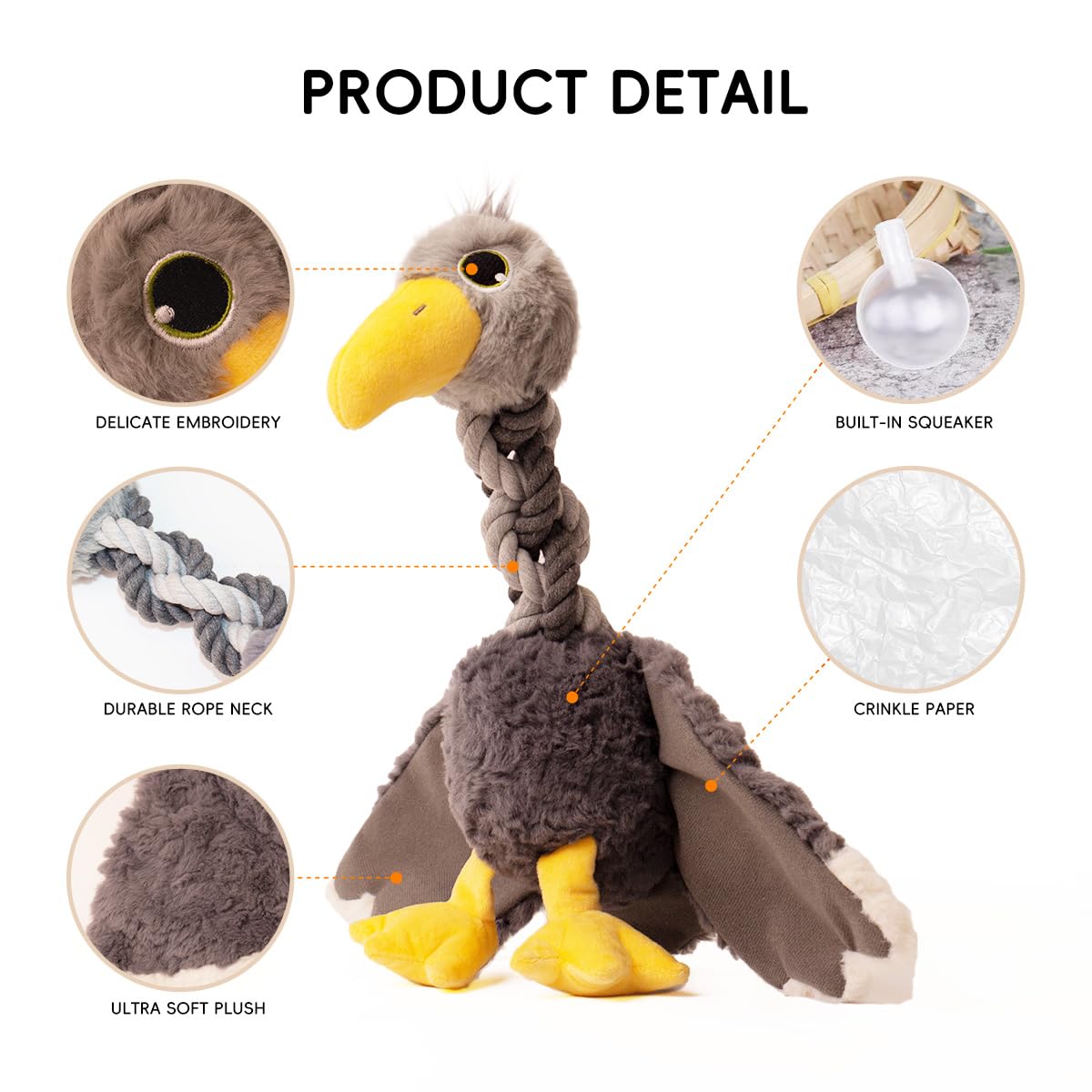 Durable Squeaky Dog Toys for Large & Medium Breeds - Crinkle Paper & Rope Chew Toys for Puppies & Aggressive Chewers, Soft Plush Tug Toy for Teething Relief (Grey Bird) - Perfect for Playtime, Training & Dental Health