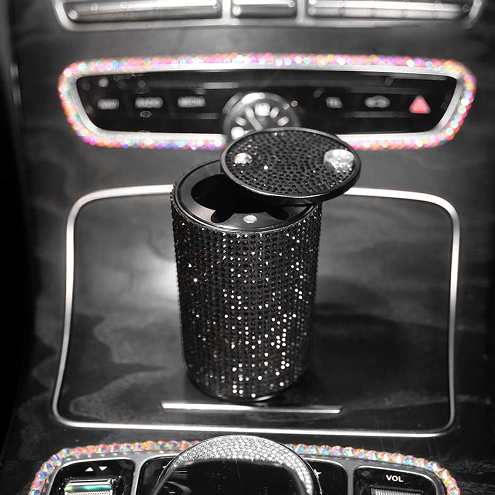 Portable Smell Proof Crystal Diamond Ashtray with Lid - Mini Car Trash Can for Women, Ideal for Car, Home, Office, and Outdoor Use (Black, A)